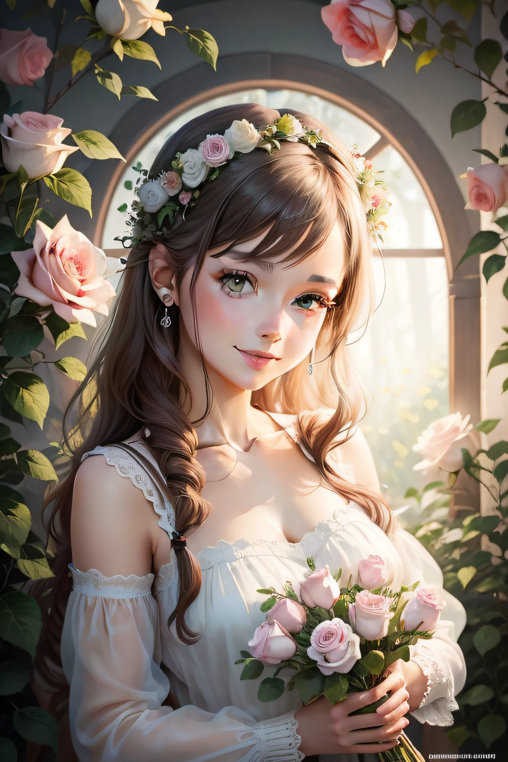 Beautiful girl in an airy chiffon dress, a smile on her face, highly detailed face, against a background of blooming rose bushes --auto --s2