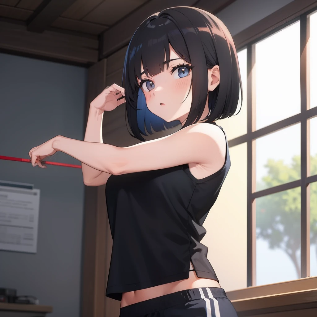 1girl in,badminton,perspiring,Zito-order,A dark-haired,bob cuts
