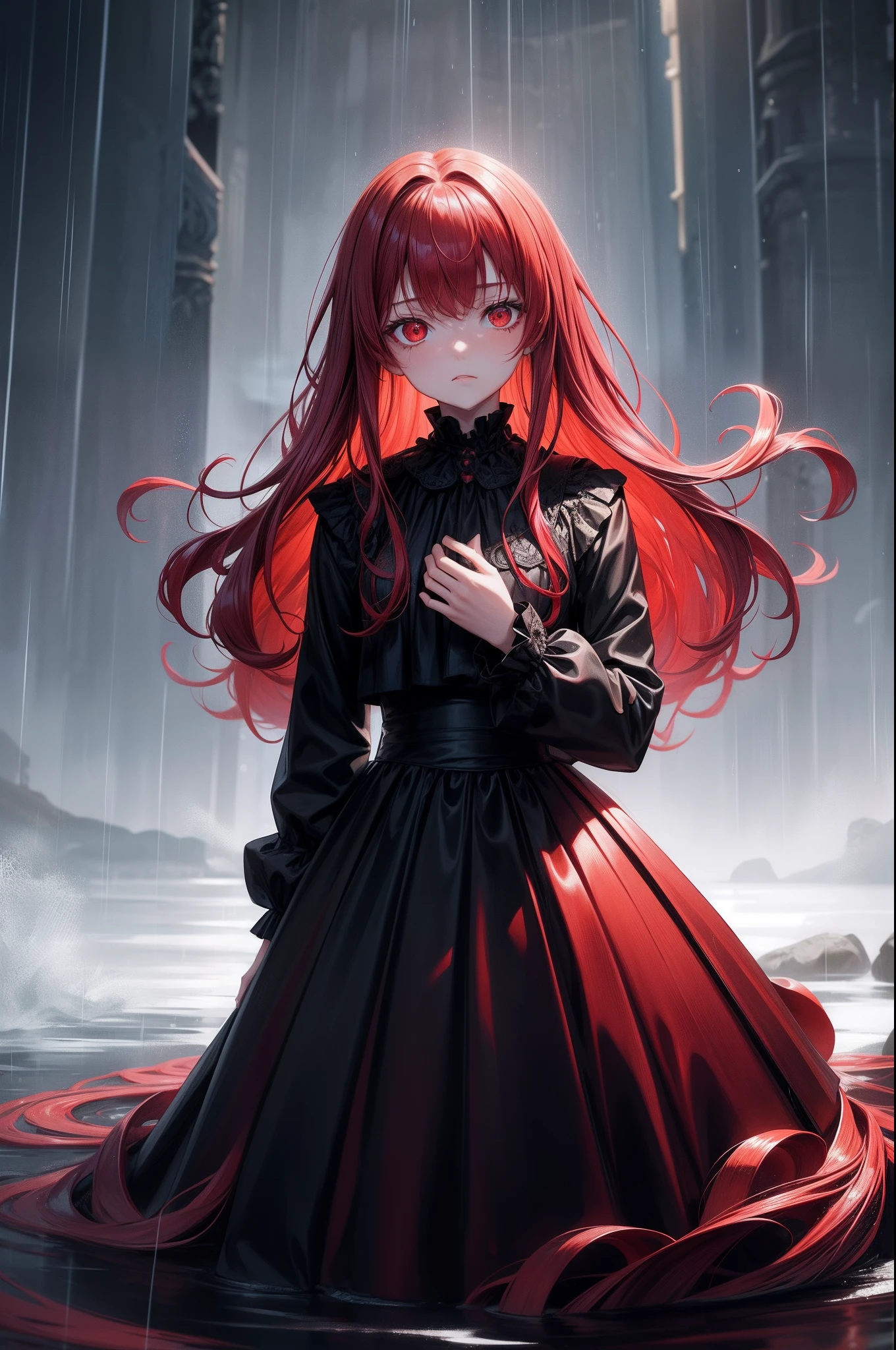 1girl ,alone ,rainy weather ,floating on sea ,long red hair ,red eyes ,with a face that feels nothing ,bored and overwhelmed by everything ,dark weather ,13 years old girl ,dressed elegantly in a full-body black gown ,looks glow ,an X in her eye