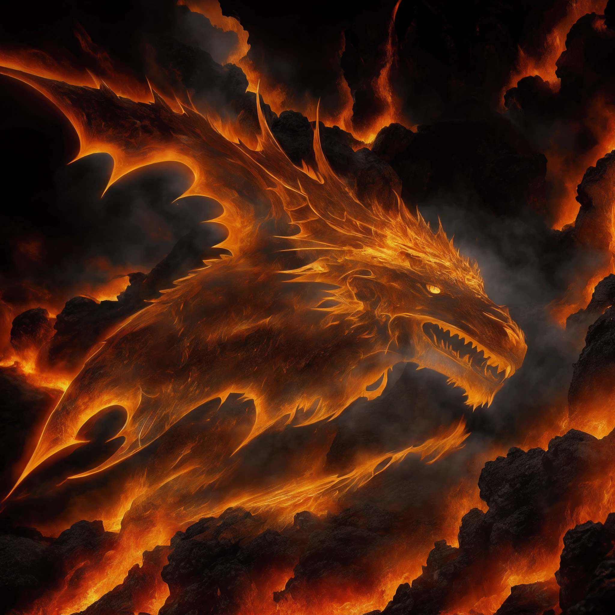 Drawing, fantasy, realism, detail, dynamism of movements, portrait, man frozen in lava, detail, covered with ash (detailing), man 30 years old, covered with lava, yellow eyes visible, fire, frozen lava, cave, clarity 8 k