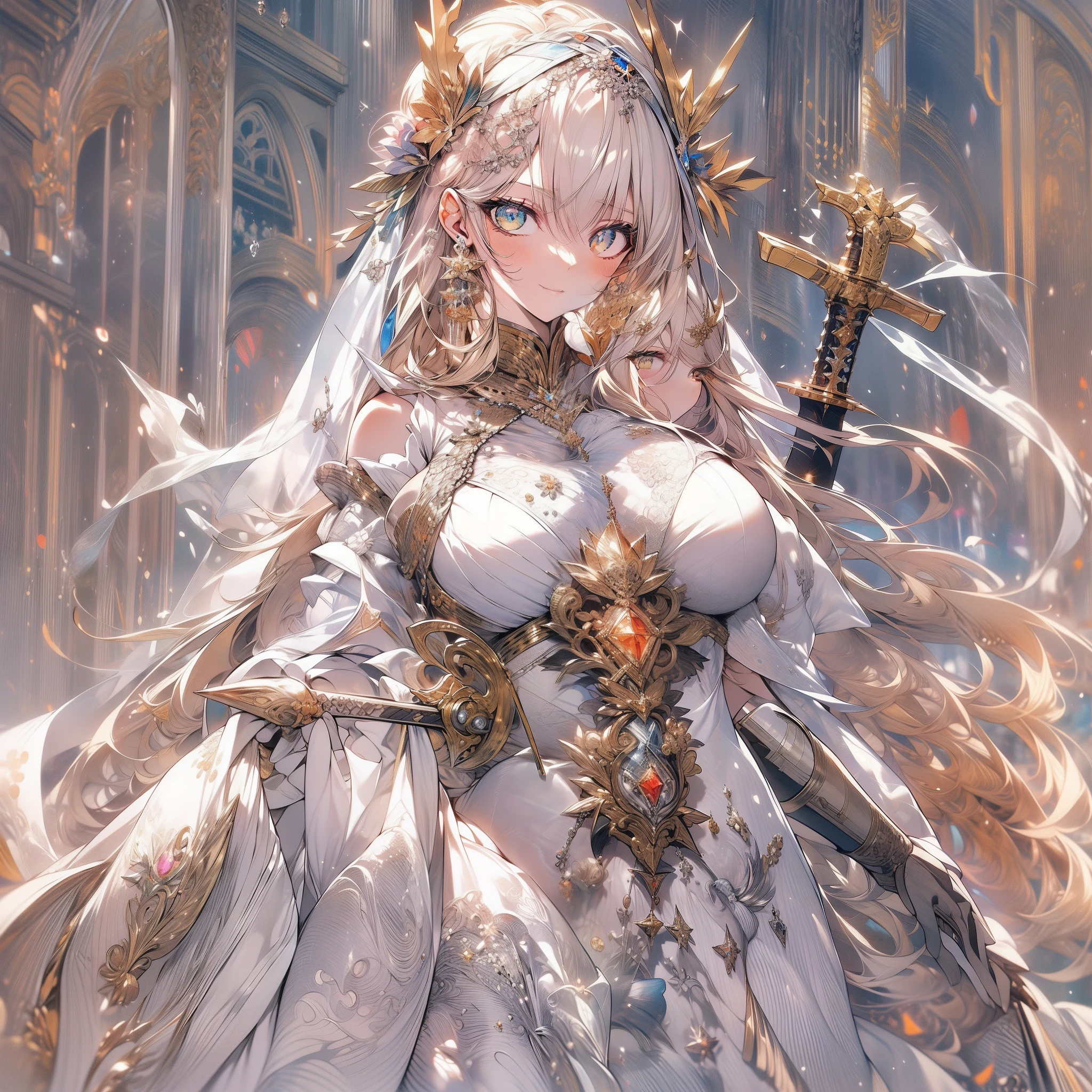 midjourney,(8K, Best quality, tmasterpiece:1.2),\(eye detailed\),\(Facial features\),(\(Clothes detail details\)\),(Super big breasts),(Facial focus) ,Very detailed CG unity 8K wallpaper,hugefilesize,ultra - detailed,A high resolution,absurderes,beautidful eyes,Ray traching,dramatic shadow,finely detailled,Dramatic angles,Hyper-detailing,(1 girl:1.3),(Solo),Adults,(Mature royal sister:1.3),whaite hair,blonde eyes,a matural female, thick thight, busty figure,Virgin's dress embroidered with gold trim,decor(A crossed sword decorated with colorful gemstones+Light and translucent white silk veil),Noble lady,Breathable white pantyhose,Do not eat human fireworks