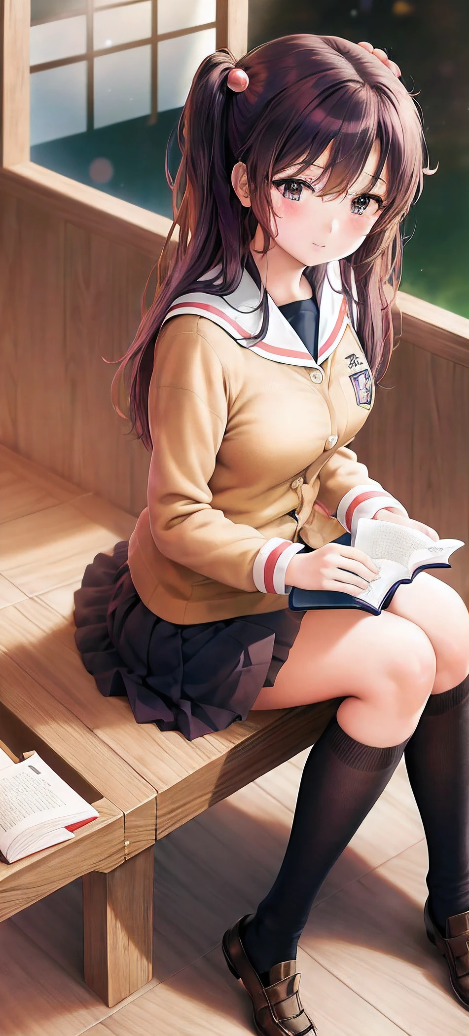 Anime girl sitting on toilet with a book on her lap, Hinata Hyuga, Misato Katsuragi, Realistic Schoolgirl, sakimichan, Rei Hiroe, nishimiya shouko, iwakura lain, Kotegawa Yui, Kimi Takemura, chiaki nanami, portrait of mayuri shiina, a hyperrealistic schoolgirl