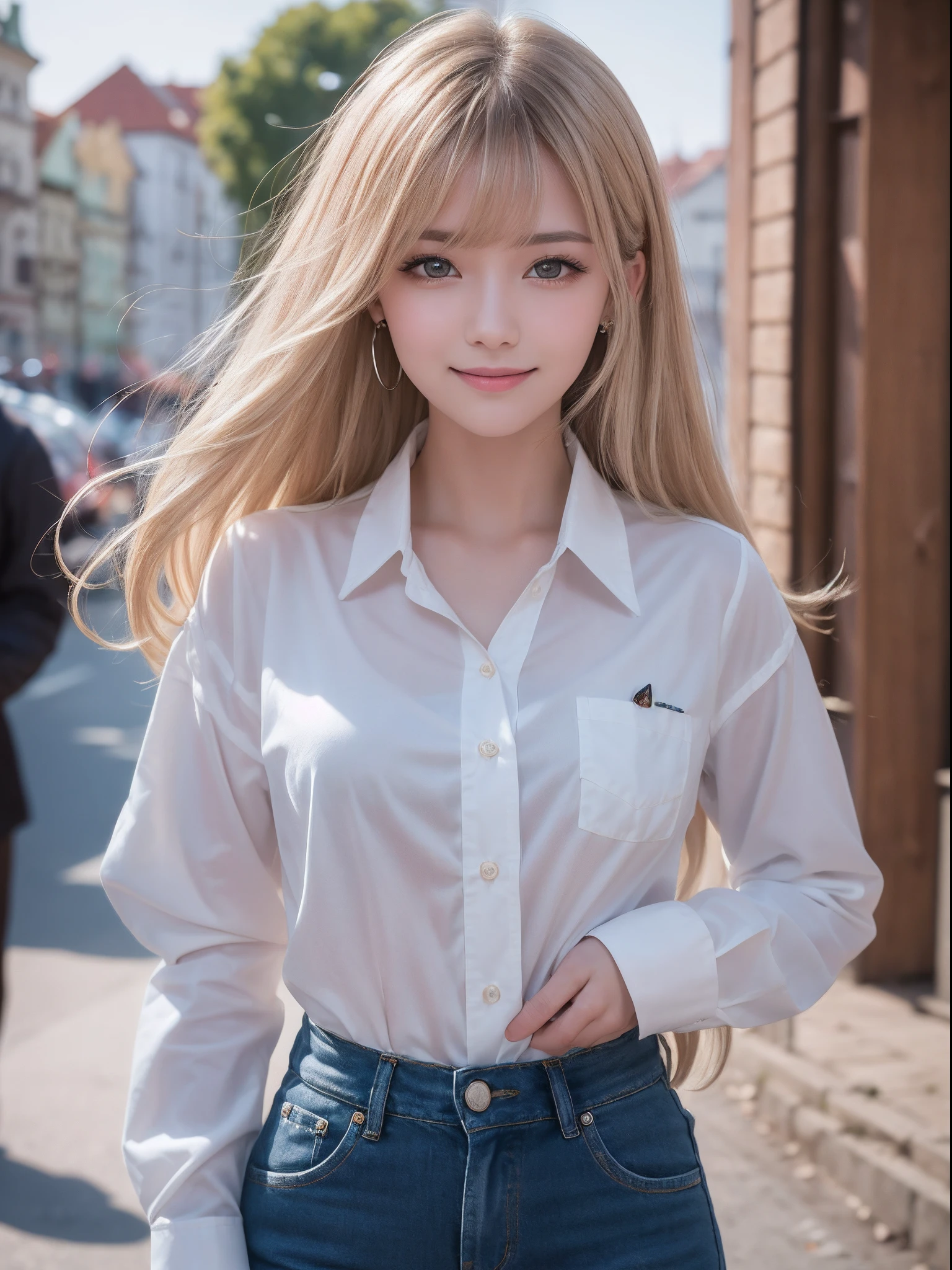 A smile、Raw photography、(((Portrait of extreme beauty)))、((glistning skin))、1人、16 year old beautiful girl in Prague、bright expression、((platinum-blonde-hair))、[Big blue eyes that shine like jewels]、Glossy glossy skin、Silky long straight hair、eye liner、Beautiful bangs、Hair between the eyes、(Long sleeve cutter shirt:1.4)、((​masterpiece、top-quality、ultra-detailliert、Film Light、intricate-detail、hight resolution、ighly detailed))、细致背景、8KUHD、Digital SLR、Soft light、hightquality、Film grain、FujifilmXT3 、Shallow depth of field、natural soft light、Kamimei、（small tits:1.4)