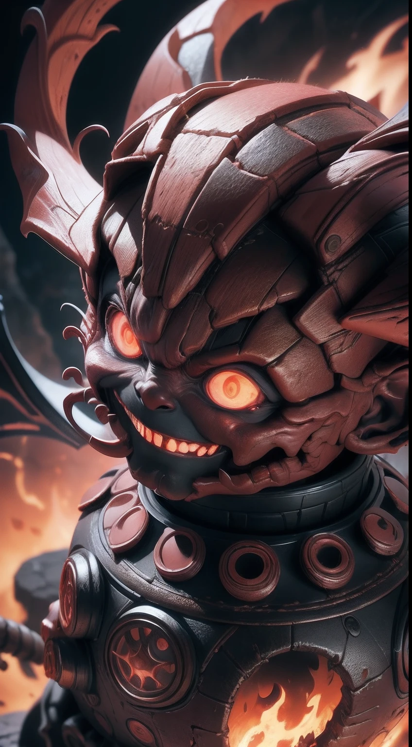 Groot's masterpiece as a hellish demon; Background: molten lava, volcanoes, hell; The devil's weapon in hand; Devil's attire; Scary appearance; Ultra photo realsisim; 8k HDR quality; An evil smile on his face; Demon's wings