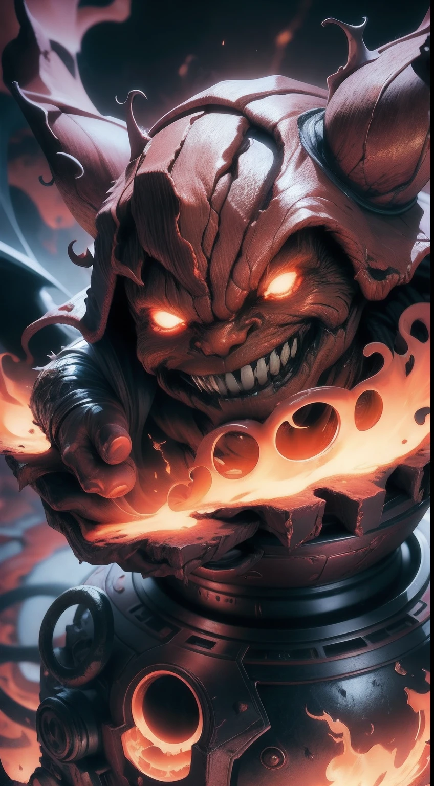 Groot's masterpiece as a hellish demon; Background: molten lava, volcanoes, hell; The devil's weapon in hand; Devil's attire; Scary appearance; Ultra photo realsisim; 8k HDR quality; An evil smile on his face; Demon's wings