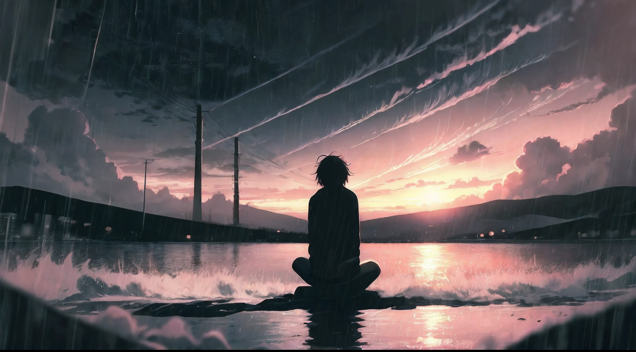 a man sitting at a table, no quarto, working with a notebook, tempo chuvoso, atmospheric anime, Aesthetics of rain, raining outside, Dia chuvoso, rainy afternoon with sunset, rainy day with sunset outside, Elogio Artstyle , anime aesthetic, Homem Lofi, artistic. anime vibes, Arte Lofi, Anime Art Wallpaper 4K, Anime Art Wallpaper 4K