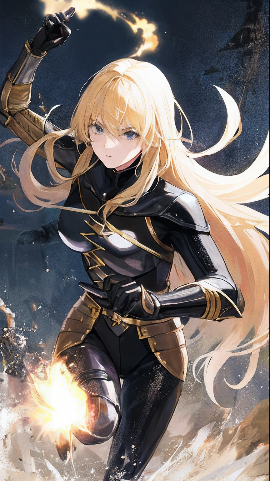 mature girl, blonde long hair, assassin ,Medieval knight costume, action pose, war, black body suit, fantasy background, magic power
