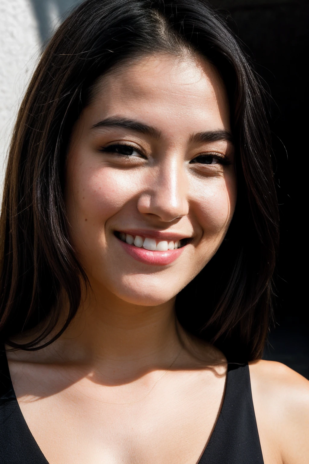 RAW photo, face portrait photo of beautiful 26 y.o woman, cute face, wearing black dress, happy face, hard shadows, cinematic shot, dramatic lighting
