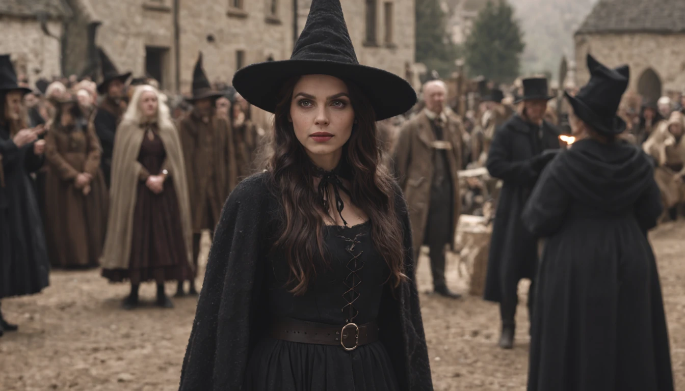 A witch controls a group of people standing in front of the town, while others gather around to witness the scene