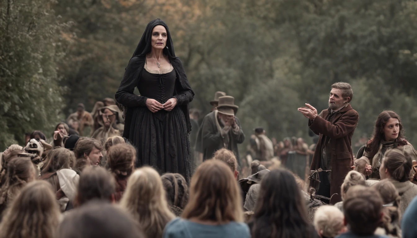 A witch controls a group of people standing in front of the town, while others gather around to witness the scene