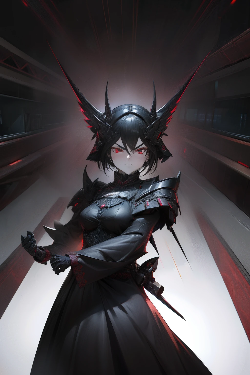 (masterpiece、top-quality、ultra-detailliert、Best Shadows)、Hyper-detailing、The best lighting、Woman in black dress、unbelievably beautiful, Has a magnetic aura and creepiness. The feeling of fear at its best、red eyes、Wrinkles between the eyebrows、Kamimei、Angry look, Mouth open、Full of anger、