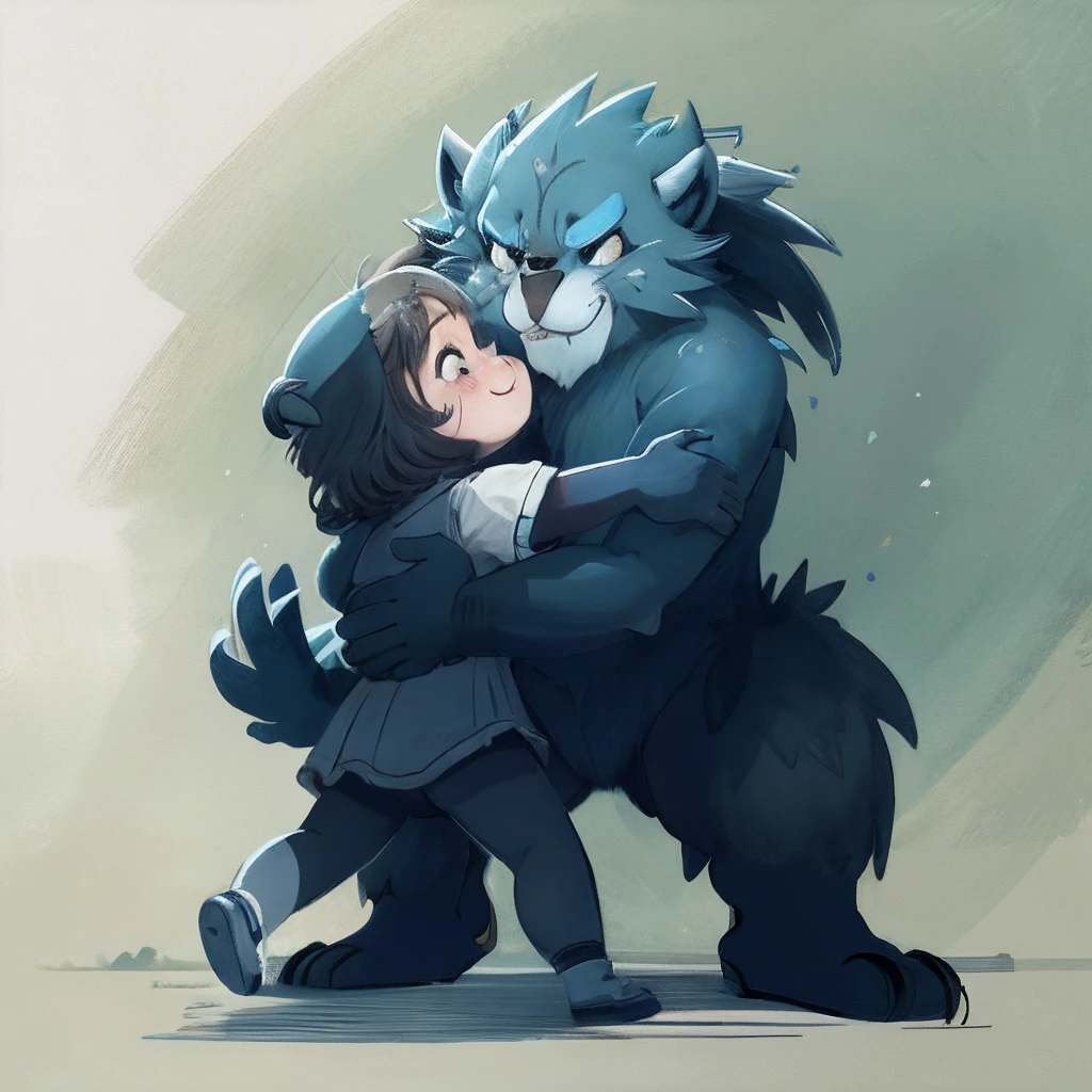 rough sketch, Child girl, detailed fur beastman, Hugs, smile, joyful, scuffle, assorted poses, assorted angles, assorted facial expression, full body,