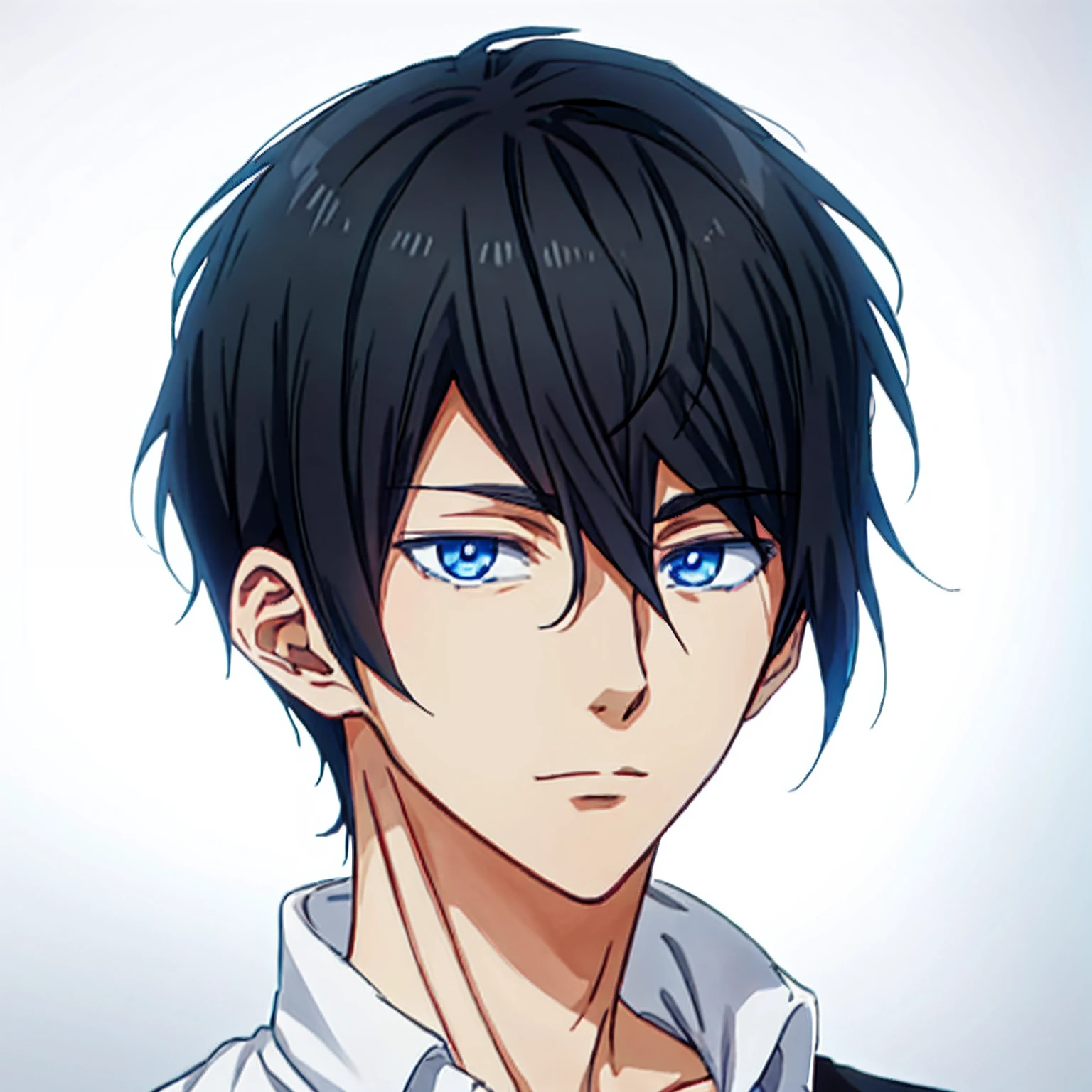 Anime boy with blue eyes and black hair in a white shirt, Tall anime guy with blue eyes, Anime boy, inspired by Okumura Togyu, young anime man, inspirado em Okumura Masanobu, eBlue eyes. anime big breast, Anime handsome man, Male anime style, semirealistic anime style, High Quality Anime Art Style, Handsome anime eyes