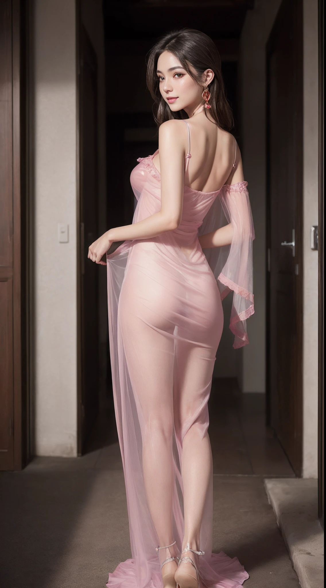 8k, masterpiece, RAW photo, best quality, photorealistic, extremely detailed CG unity 8k wallpaper, Depth of field, Cinematic Light, Lens Flare, Ray tracing, (extremely beautiful face, beautiful lips, beautiful eyes), intricate detail face, ((ultra detailed skin)) 1girl, in the dark, deep shadow, pretty Asian girl, idol,(very slim slender fit-muscled body:1.3), ((looking at viewer)),(big smile:1.3), (cityscape, blurry background), (dim lights, rooftops, veranda), pretty girl, earrings, bracelets, necklace, clear eyes, walking , front shot, (pale skin), face forward, (big eyes), ((full body shot)), ((black silk Laced)), ((see-through red color sleep gown:1.3)), (brown hairs) (looking at viewer:1.3), open breast, open navel, medium breasts, have a sheen , (See through, pink sleeping gown :1.3), veranda, (naked), laced stockings, turning back, ((back shot))