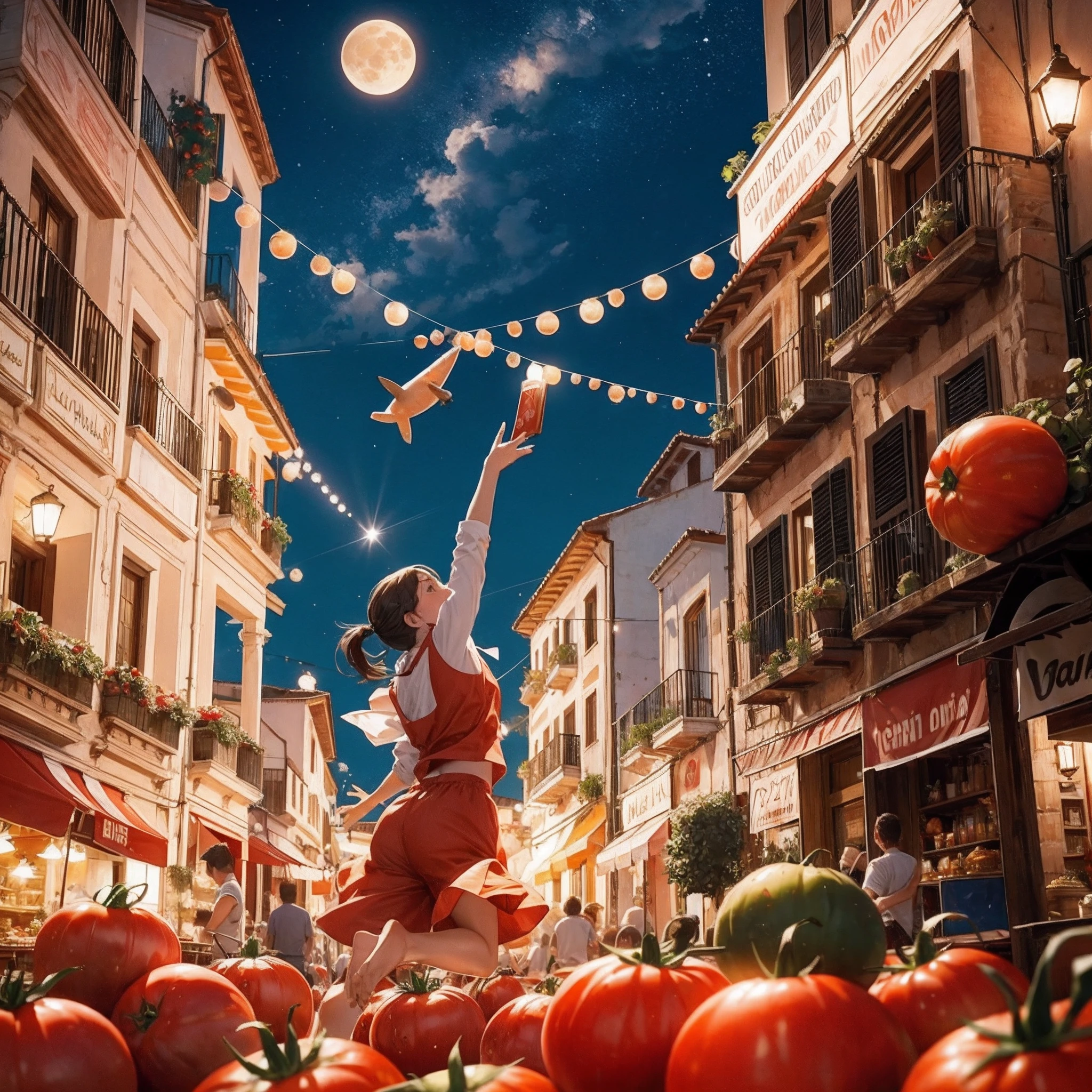 tomato festival, Spain, thrown tomato, flying tomato, (zero-gravity, floating), sky, night, moon, panic, star,