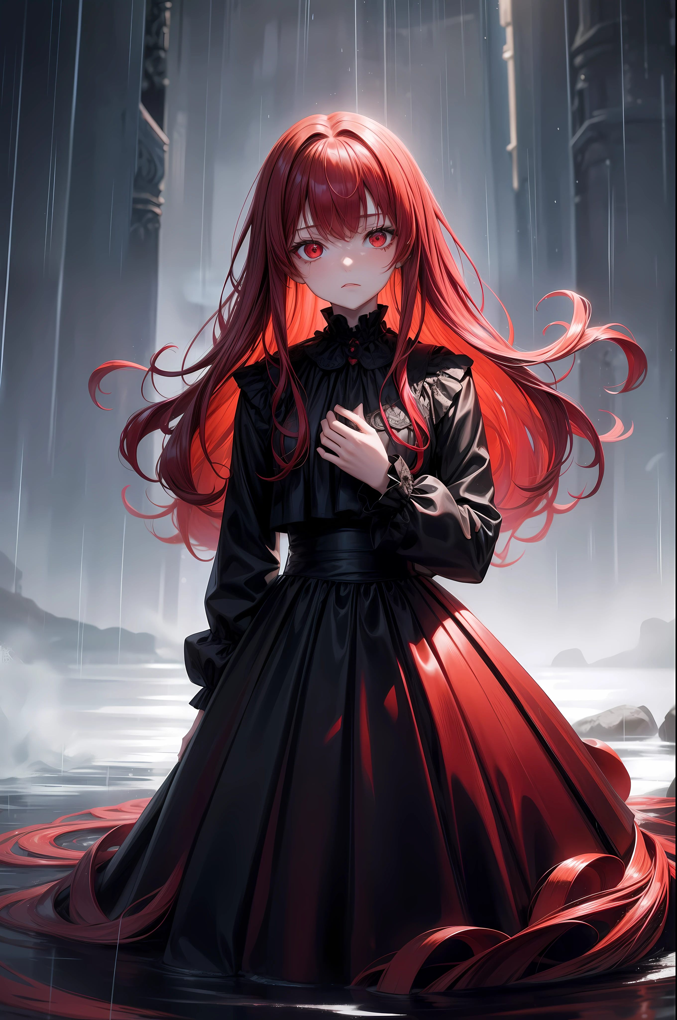 1girl ,alone ,rainy weather ,floating on sea ,long red hair ,red eyes ,with a face that feels nothing ,bored and overwhelmed by everything ,dark weather , girl ,dressed elegantly in a full-body black gown ,looks glow ,an X in her eye