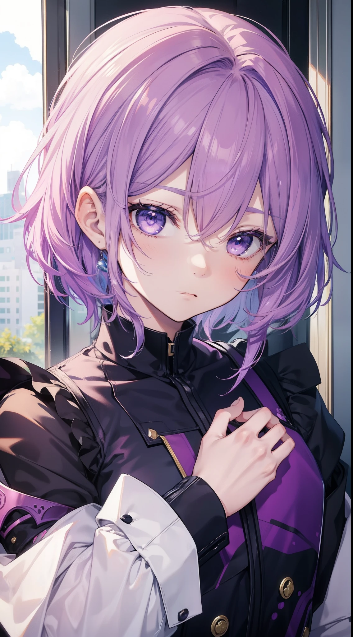 Anime,masterpiece,(bestquality),highlydetailed,ultra-detailed,purple hair:1.5),1 boy,Beautiful Boys, (beautiful face, cute expression), (, charming), (Broken hair),(Handsome hairstyle),(Whole body diagram),(Women's clothing)