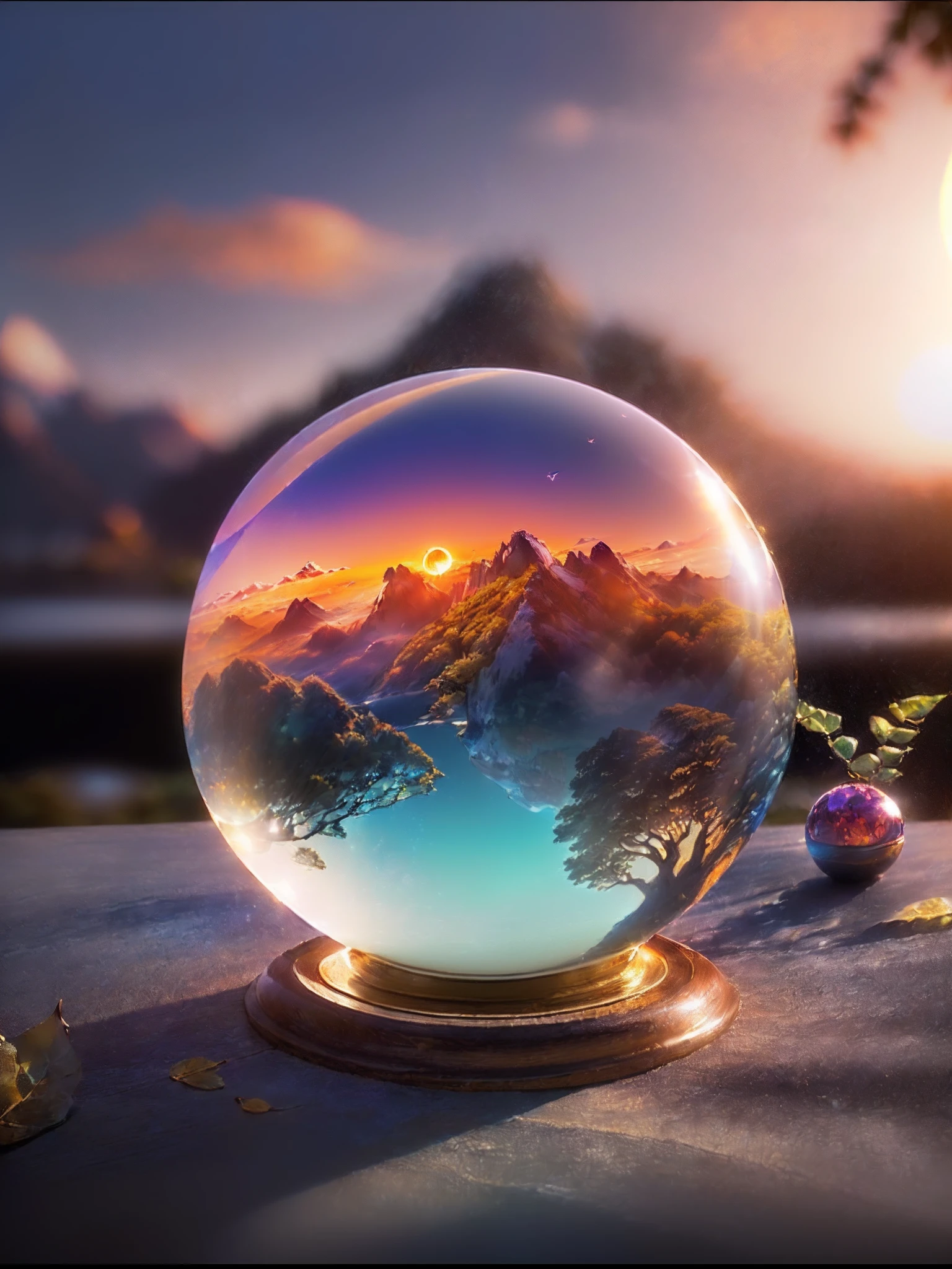 Hyper-realistic、16K High Resolution、(Maximum Sharp Focus:1.3)、(Maximum Close-up:1.5)、(Single crystal ball with pedestal on table:1.5)、(Large bokeh background、blue back light:1.3) 、(Inside a crystal sphere with magnificent natural scenery、A big mountain dyed in the sunset々Standing side by side、A sea of clouds spreads out at its top。The sun goes down、The sky glows a beautiful orange、The surrounding earth is illuminated in gold。The breeze is blowing、The tree々Leaves shake、You can hear beautiful birds singing。This landscape is、a person々to feel the tranquility and power of nature、Giving emotions that resonate deeply with the heart :1.5)