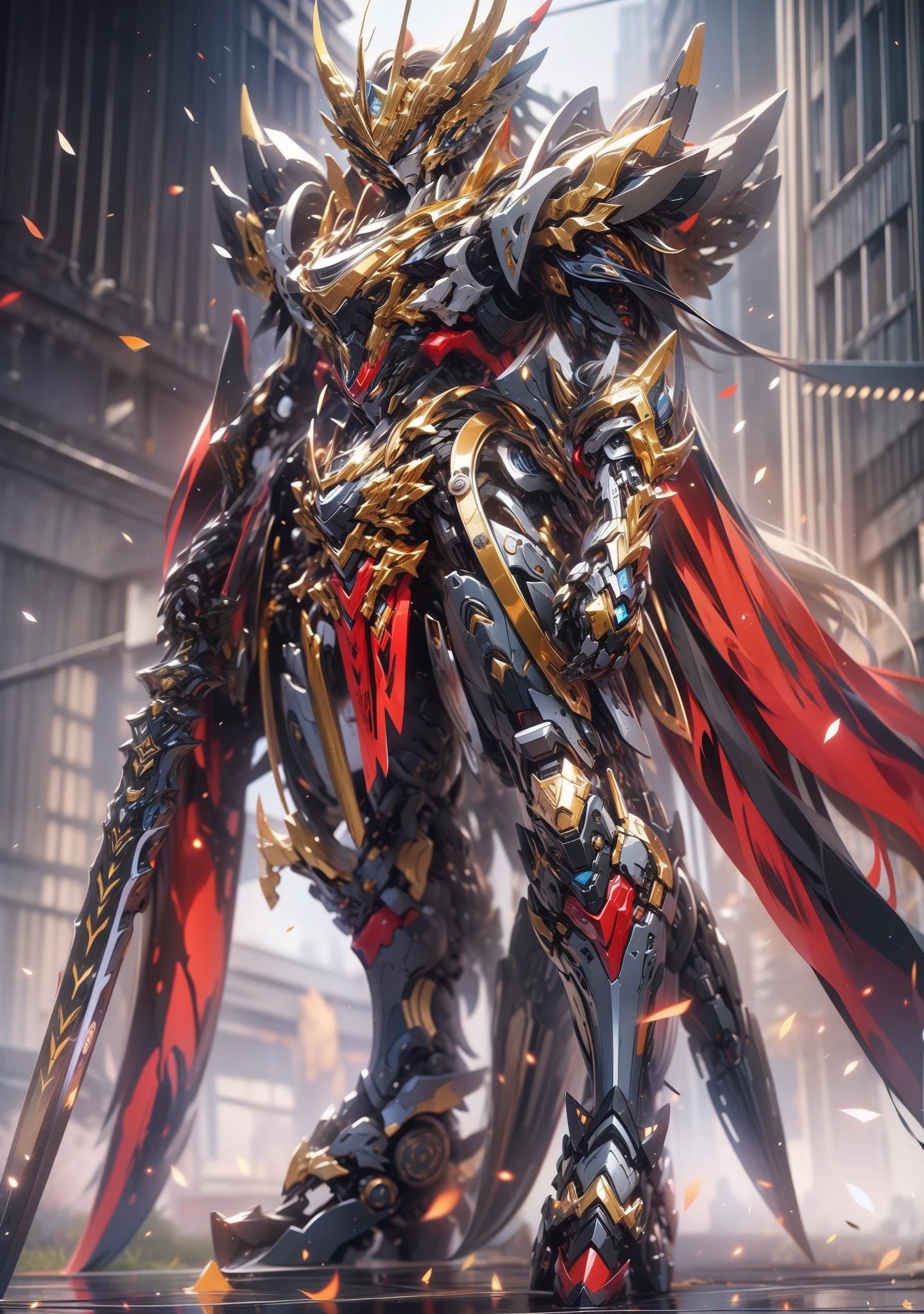 super wide shot, Full body frontal photo,Mecha male warrior，The heroic demeanor of the Three Kingdoms,《Mech color: Red Deep Series》，（《Romance of the Three Kingdoms》，《Lü Bu》，Holding Fang Tian's halberd in his hand，），（Full body mecha）, Keqing from Genshin Impact, (Masterpiece) ， The best quality， High quality，Gold armor，电影灯光， （Exquisite future）， Beautiful and beautiful， Ultra detailed， great composition， Floating， Depth of field， （Very detailed CG，Unity 8k壁纸）， （Beautiful detail background）， dramatic lights， GOGETTA， Mecha，best qualtiy，Ultra-high 8K Ultra HD，digital SLR camera，high qulity，Film particle resolution，