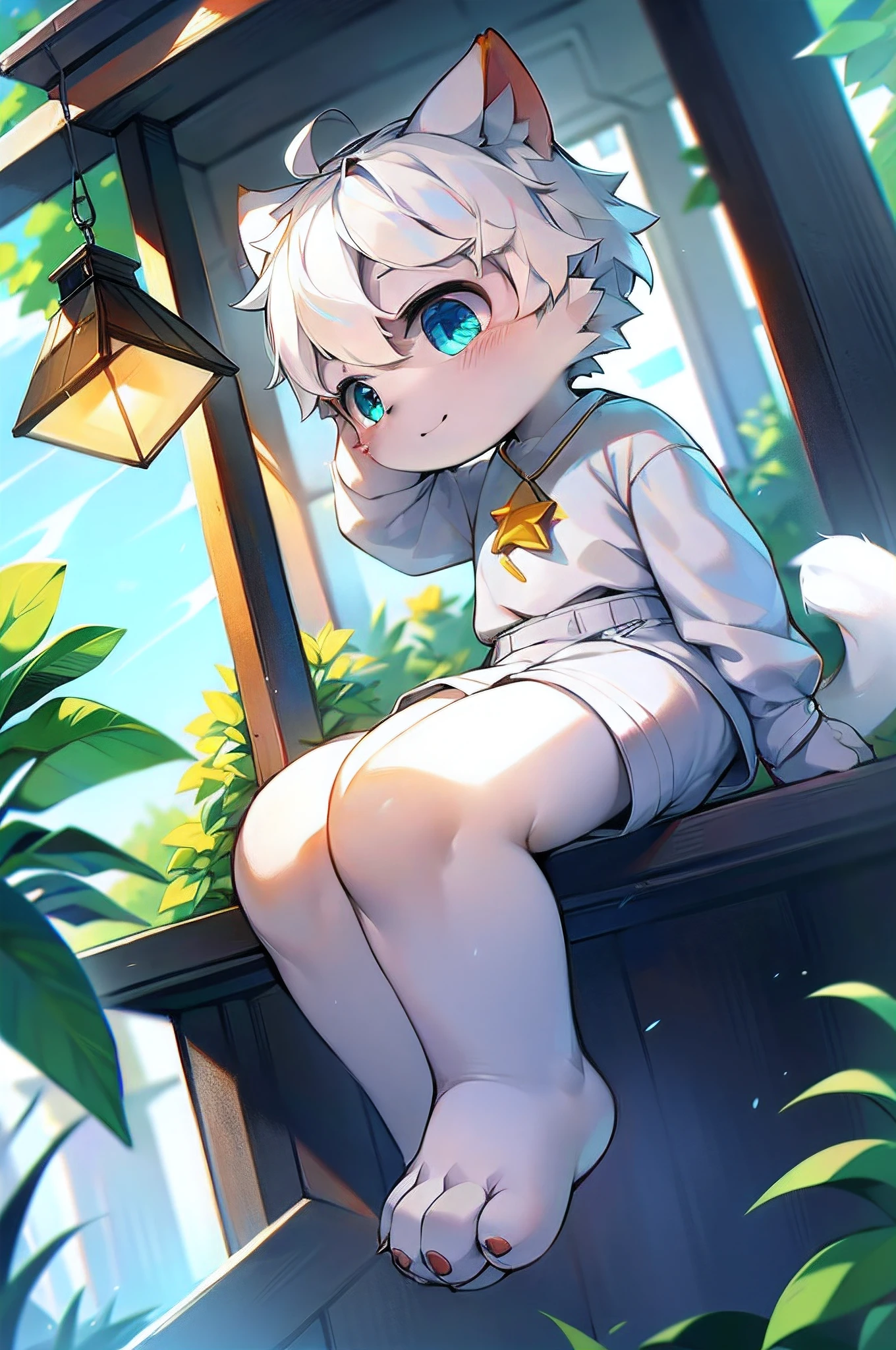 shota, Sunny Doll, (white clothes:2), black shorts,tail, white hair, ahoge, short hair, expressive hair, shiny hair, star hair ornament, blank eyes, aqua eyes, cat ears, light smile, high detail, bloom, ray tracing, UHD, retina, masterpiece, ccurate, anatomically correct, textured skin, super detail, high details, high quality, award winning, best quality, highres, 16k,(bare feet)