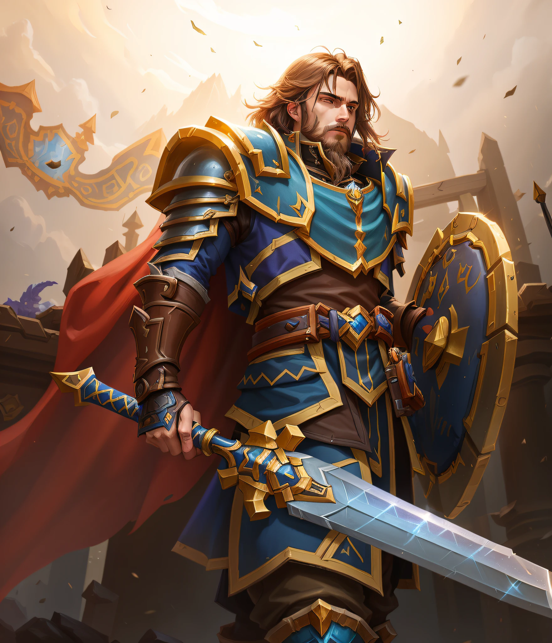 arafed image of a man in a blue outfit with a sword, male paladin, a human male paladin, hearthstone card art, hearthstone card game artwork. ”, hearthstone card artwork, portrait of fin wildcloak, hearthstone card game artwork, hearthstone art, fantasy paladin, fantasy hearthstone art style, in hearthstone art style, from warcraft, monumental, Cybergrunge, Futago, wide shot, Rigging, Flat, badge, khaki colors, Unworldly, led s lighting, Highly detailed
