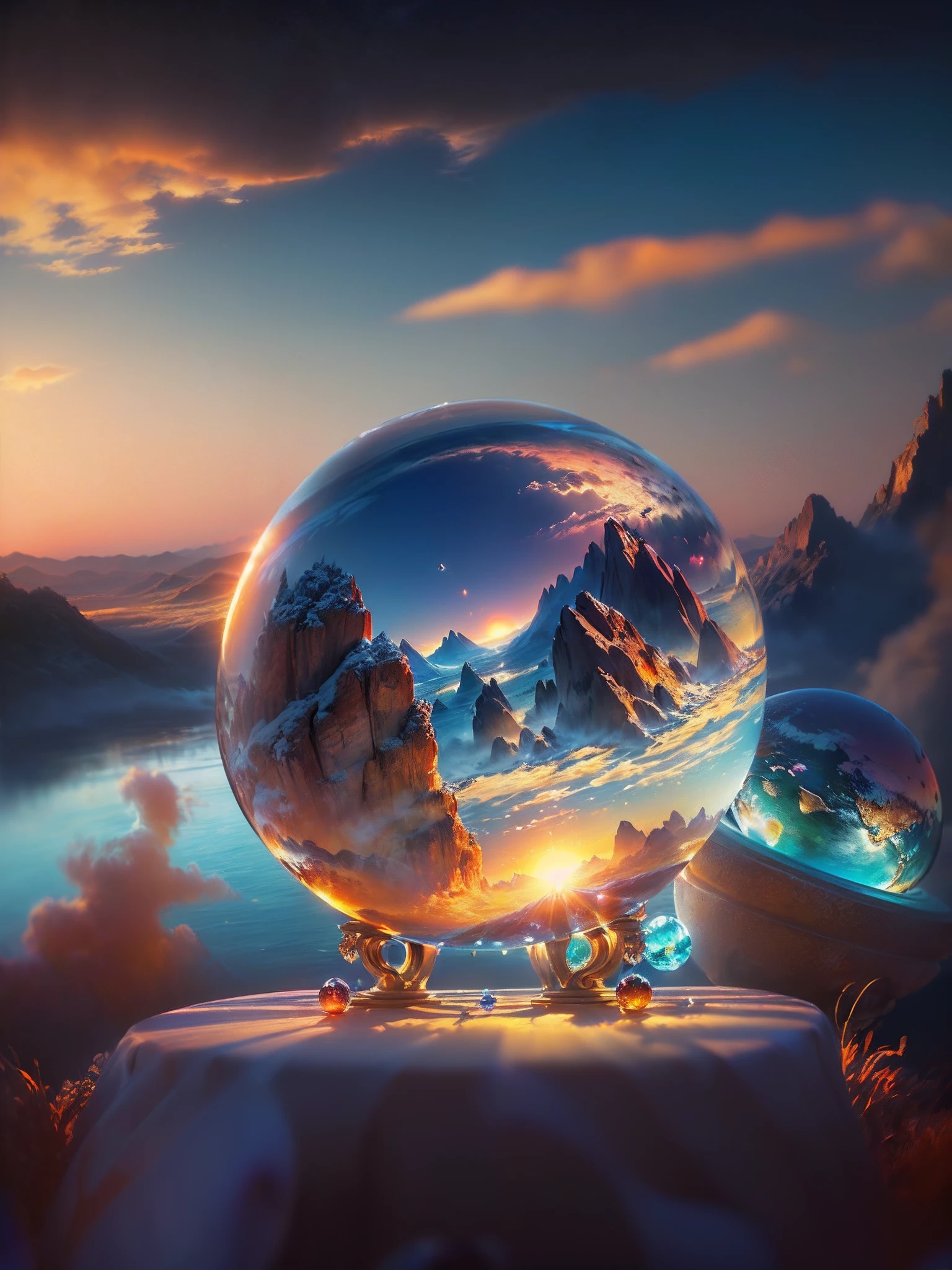 Hyper-realistic、16K High Resolution、(Maximum Sharp Focus:1.3)、(Maximum Close-up:1.5)、(Single crystal ball with pedestal on table:1.5)、(Large bokeh background、blue back light:1.3) 、(Inside the crystal sphere of a magnificent natural landscape、A large mountain dyed in the sunset々Standing side by side、A sea of clouds at the top。The sun goes down、The sky glows a beautiful orange color、The surrounding earth is illuminated in golden color。This landscape is、a person々Feel the tranquility and power of nature、Give emotions that resonate deeply with the heart :1.5)