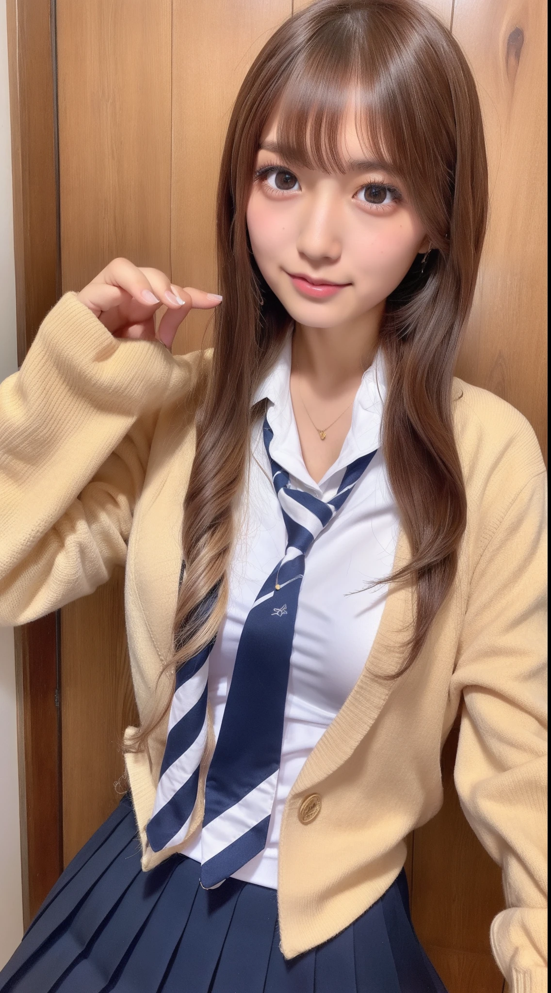 Japan school uniform、High school students、hi-school girl、full bodyesbian、1girl in、Wheat-toned skin、cleavage of the breast