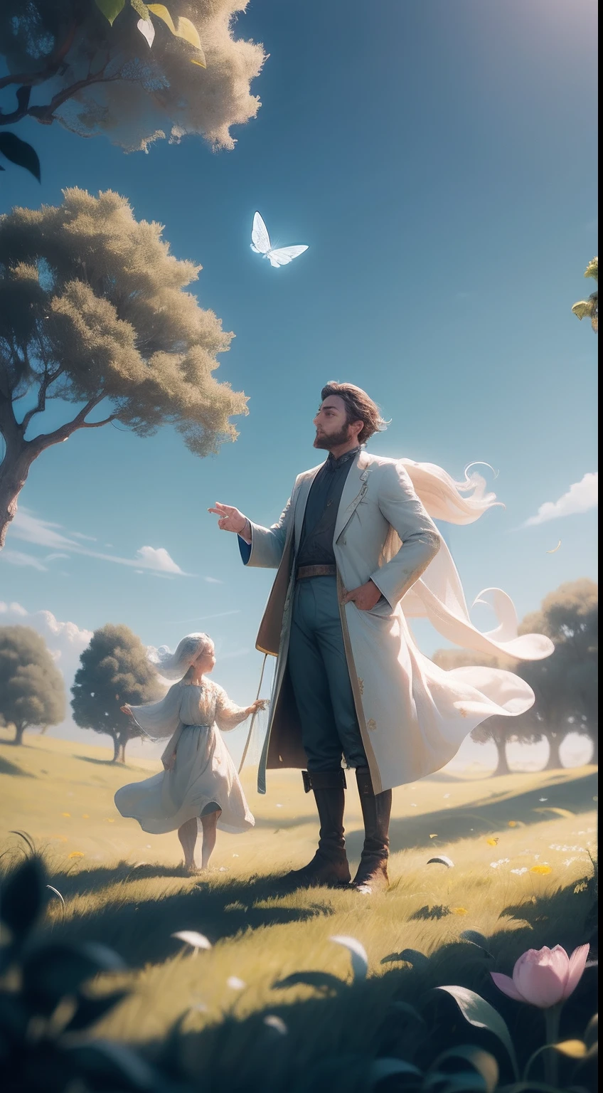 A man stands on a sun-drenched meadow, The outstretched hand is like a small hand, Ethereal creatures made of dreamy materials flutter around them, Eagerly accept the food offering.
