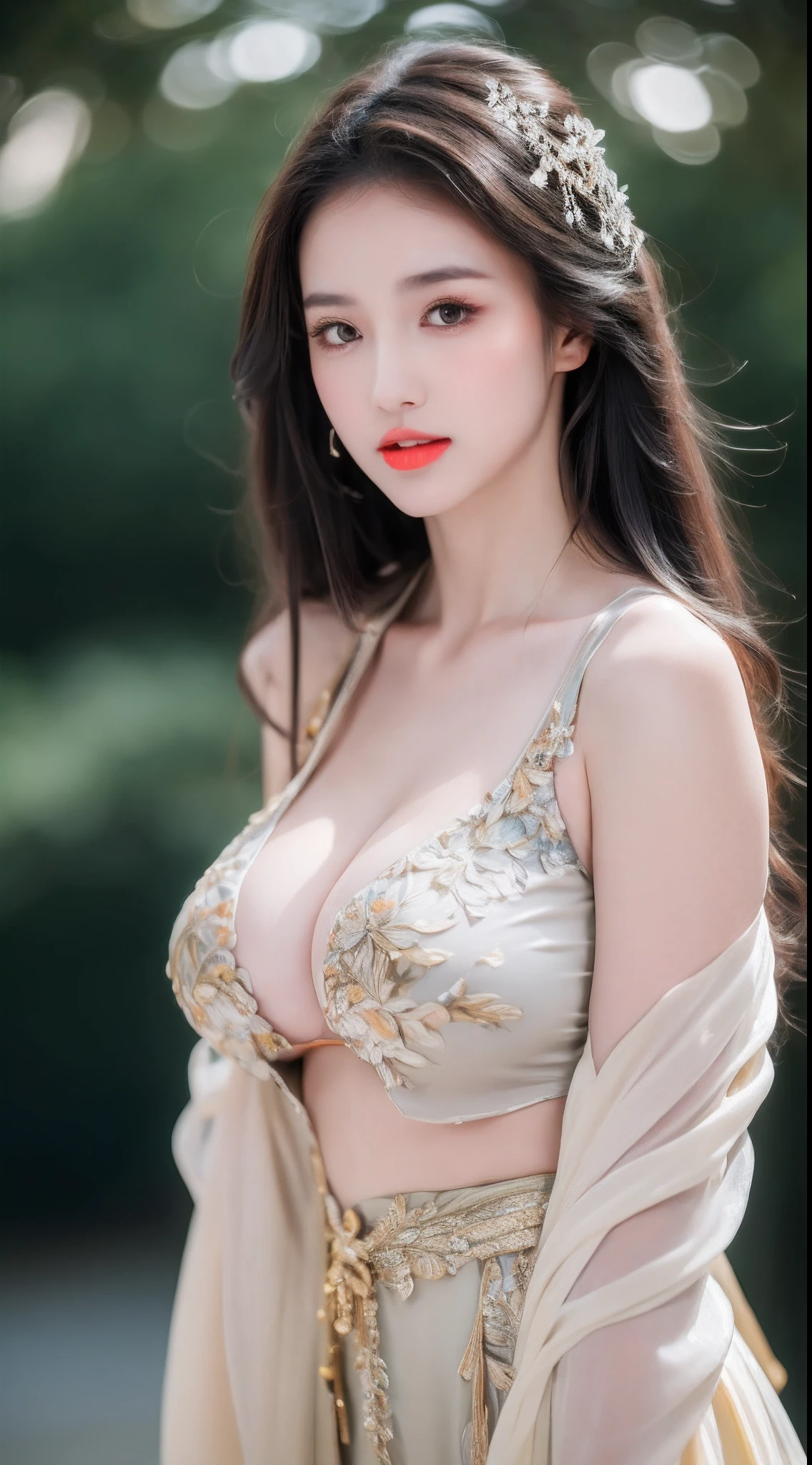 ((Best Quality, 8k, Masterpiece: 1.3)), Focus: 1.2, Perfect Body Beauty: 1.4, Buttocks: 1.2, ((Layered Haircut)), (Wet Clothes: 1.1), (Rain, Street:1.3), (Breasts: 1.2), (Hanfu: 1.2), Bare Shoulders, Bare Legs, Highly Detailed Face and Skin Texture, Fine Eyes, Double Eyelids, Whitened Skin, Long Hair, (Shut Up: 1.5), (Bokeh Background: 1.5), Big Breasts