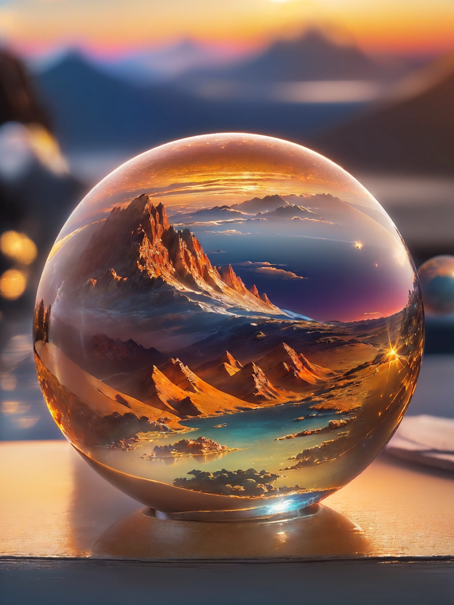 Hyper-realistic、16K High Resolution、(Maximum Sharp Focus:1.3)、(Maximum Close-up:1.5)、(Single crystal ball with pedestal on table:1.5)、(Large bokeh background、blue back light:1.3) 、(Inside the crystal sphere of a magnificent natural landscape、A large mountain dyed in the sunset Standing side by side、A sea of clouds at the top。The sun goes down、The sky glows a beautiful orange color、The surrounding earth is illuminated in golden color。This landscape is、a person Feel the tranquility and power of nature、Give emotions that resonate deeply with the heart :1.5)