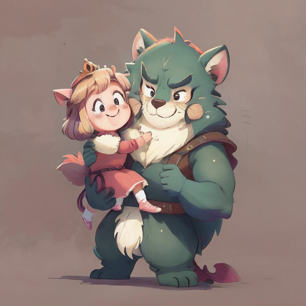 Child girl, detailed fur beastman, Hugs, smile, joyful, Princess carry, piggyback, scuffle, assorted poses, assorted angles, assorted facial expression, full body,