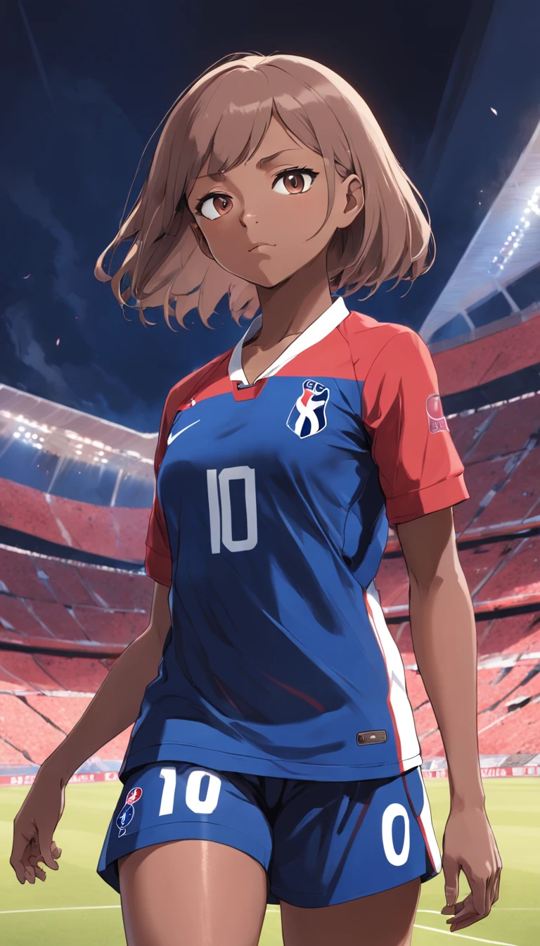 a female Kyllian Mbappe with the French national team jersey in anime style , Standard scenario , olhar fixo , (( imagem sem deformidades )) , best resolution , melhor qualidade , obra prima