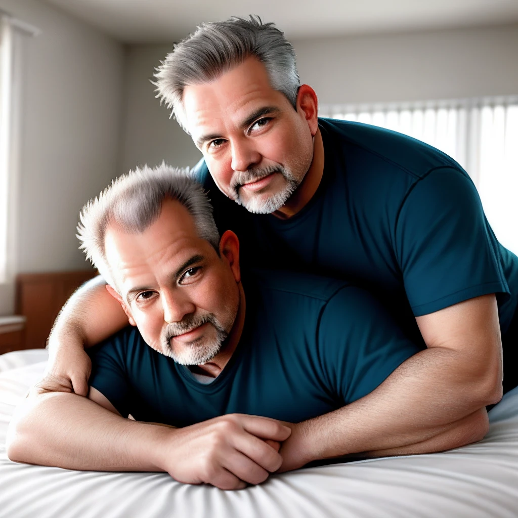 Hyper realistic photo of triplets hairy alpha white caucasian male, silverfox in his forties, deep blue eyes, silver grey hair, heavy hairy body hair, short beard, shirtless, kneeling down in bed, flexing massive biceps, hard erected cock, porn sex orgy