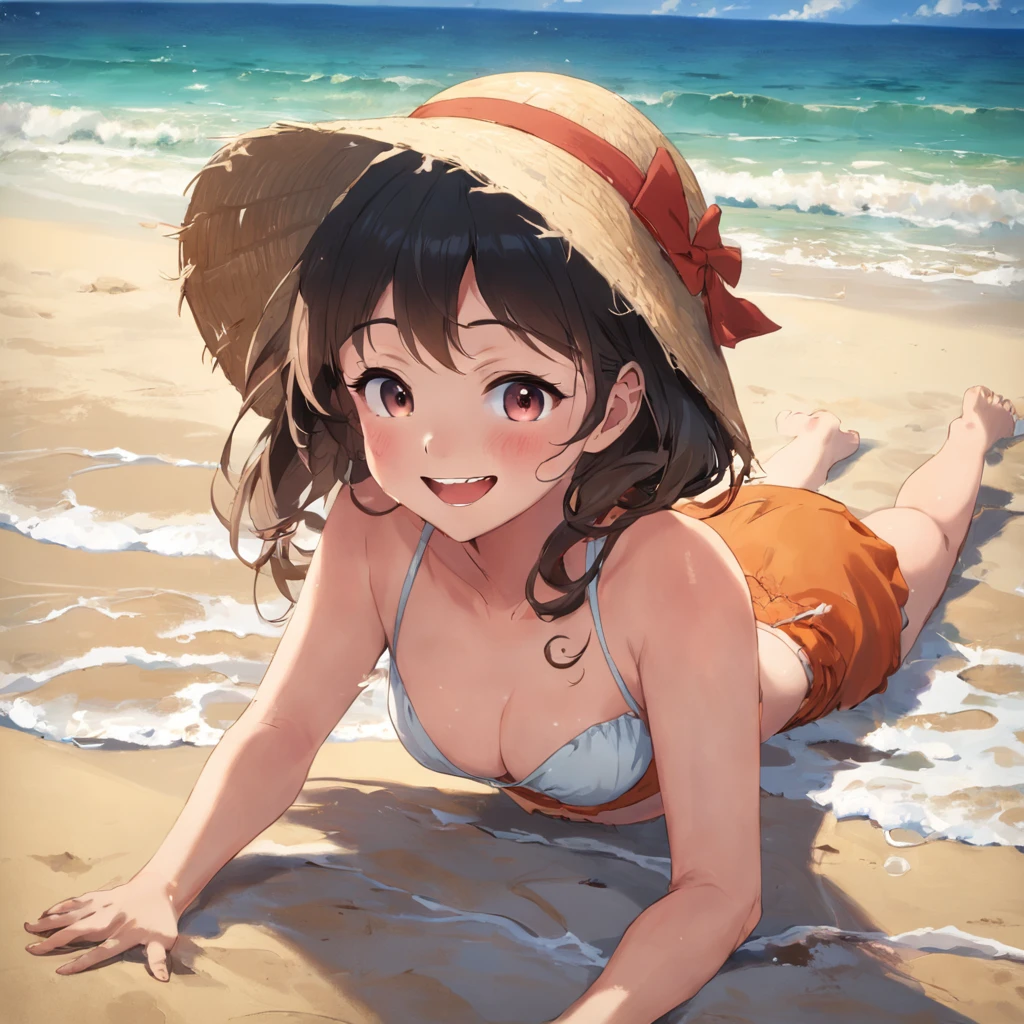 masterpiece, best quality, movie still, 1girl, laying down, beach bonnet, sandy beach, waves, ocean, smiling girl
