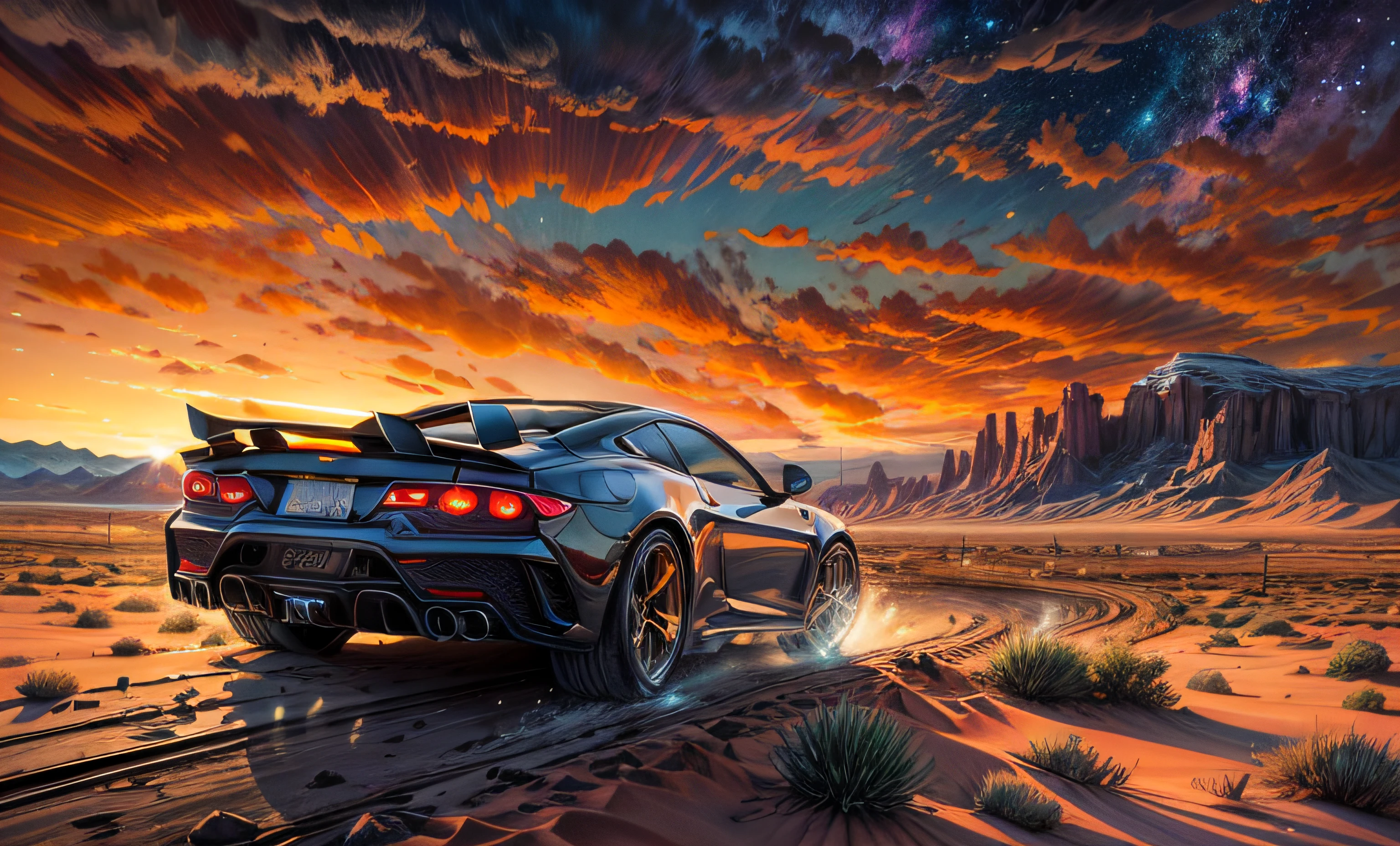 "Sport car, award-winning masterpiece, rendered in anime style with an oil painting effect. The vibrant illustration captures horror in a cosmic atmosphere. The wide shot of the desert location is showcased in high definition and astonishing 64K resolution, panoramic, masterpiece."