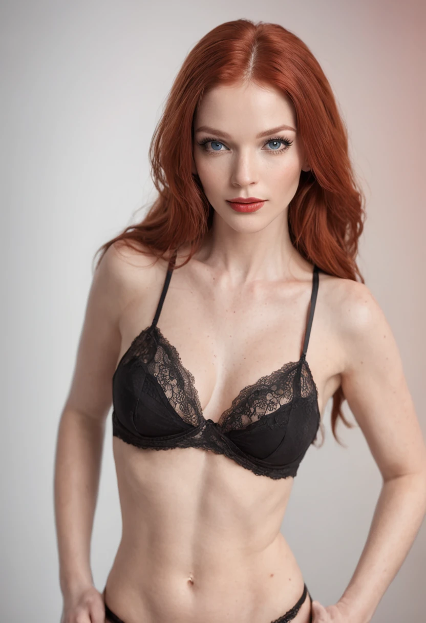 Make a realistic image of a red-haired woman with blue eyes in panties and black bra, bonita, com 30 anos de idade, magra, batom vermelho, olhos com delineador, corpo bonito, em um quarto, de corpo inteiro, de salto alto preto.