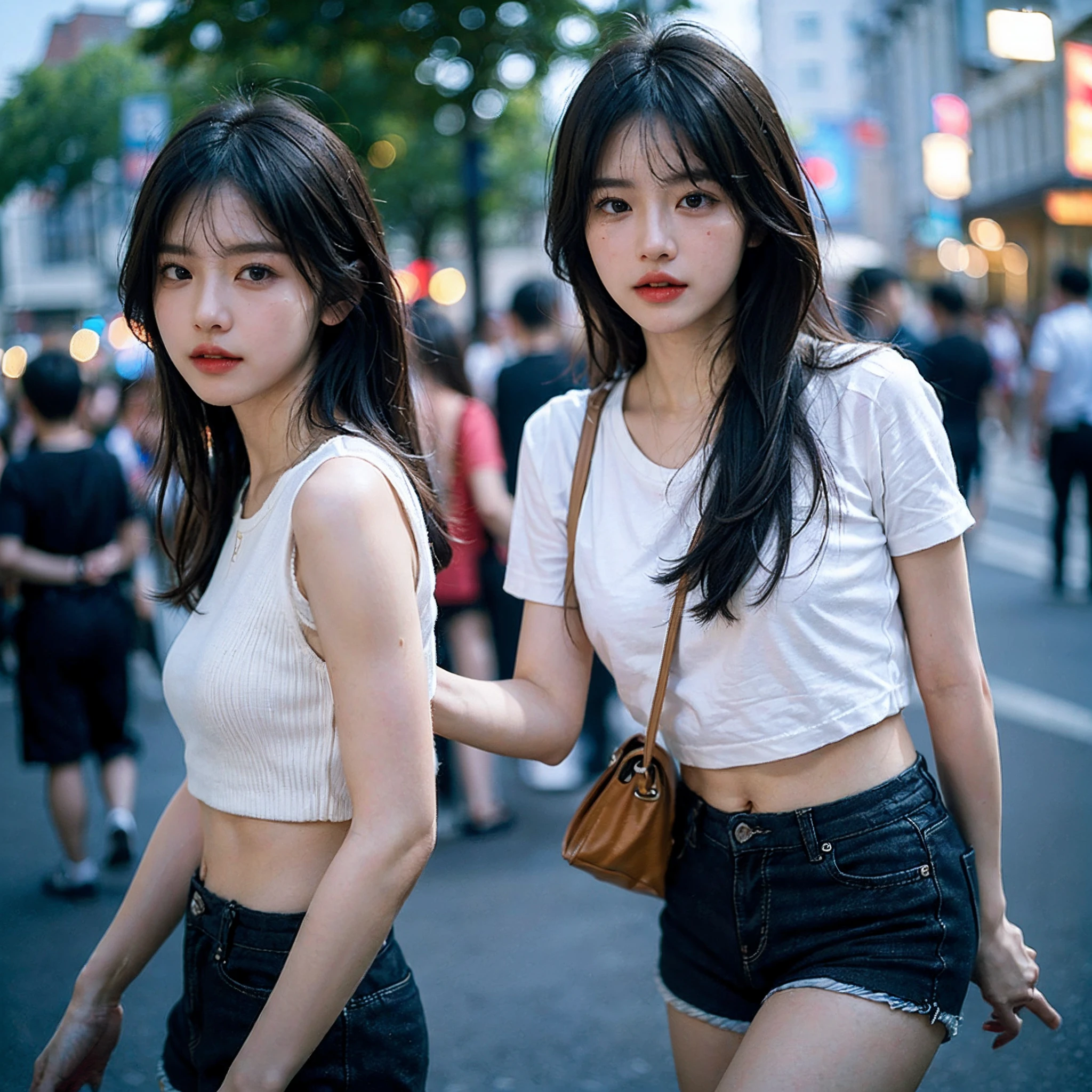 18-year-old Korean girl,Shoulder-length hair,Long bangs,White one-neck off-the-shoulder top,Black underwear,Black shorts,White shoes,Take a leisurely walk through the crowded streets,