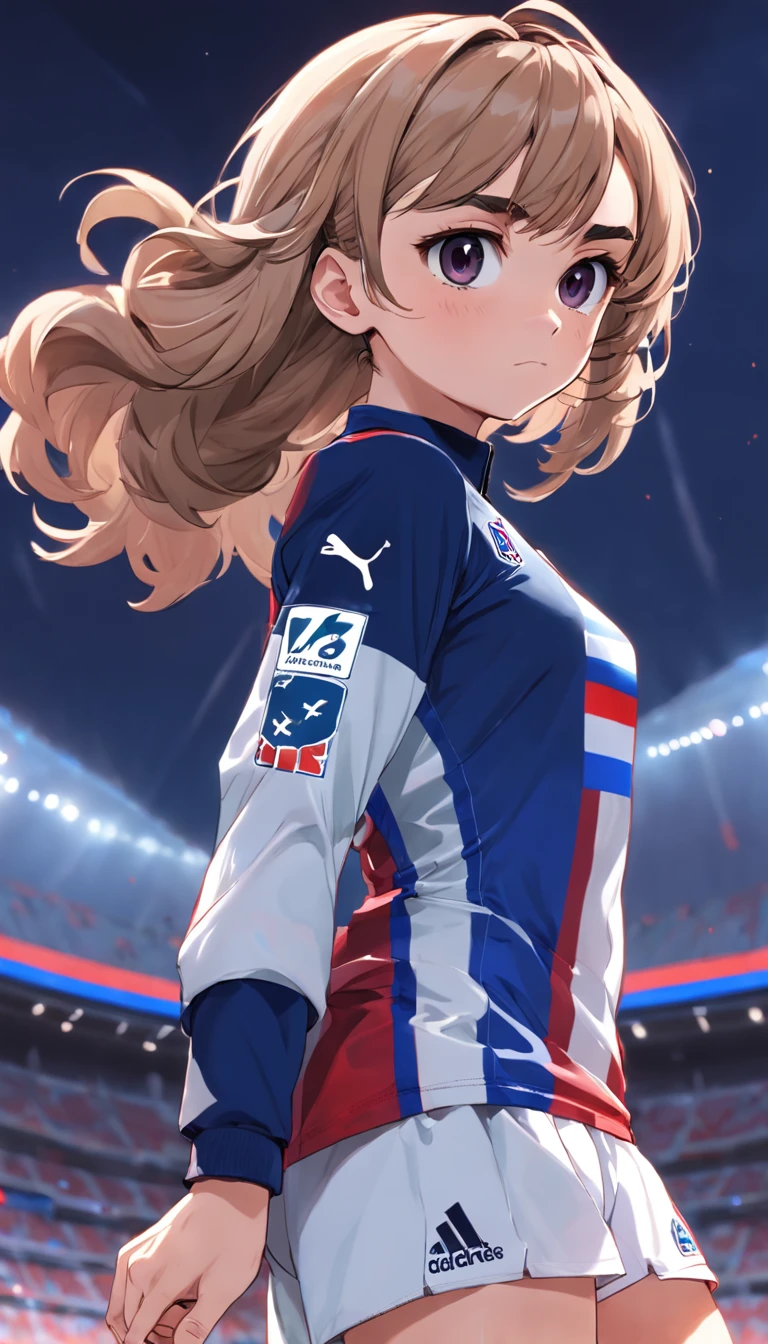 a female Antoine Griezmann with the French national team jersey in anime style , Standard scenario , olhar fixo , (( imagem sem deformidades )) , best resolution , melhor qualidade , obra prima