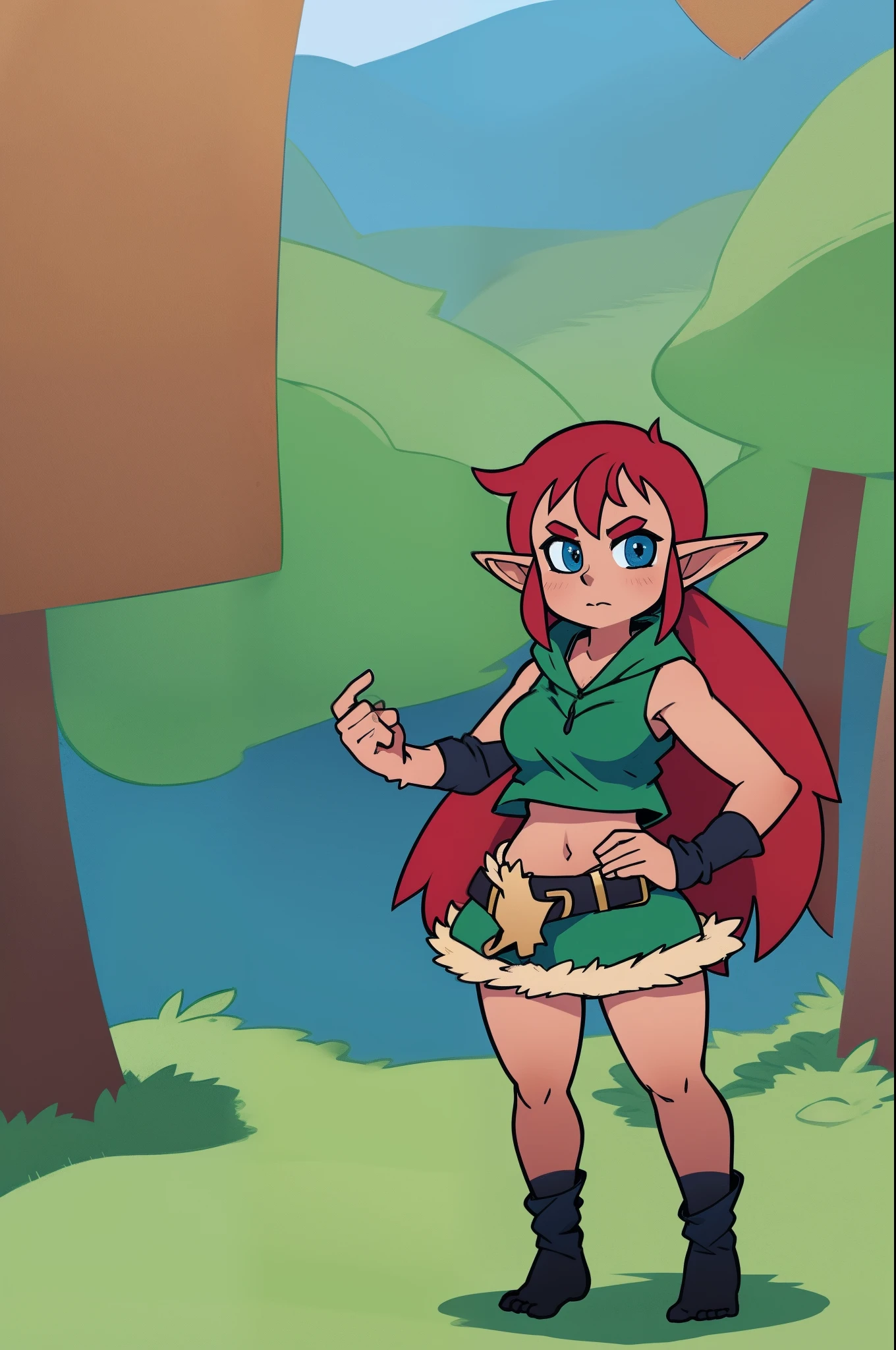 loam, standing, short, vest, elf girl, medium breast,,red hair, elf ears,tomboy, forest, alone