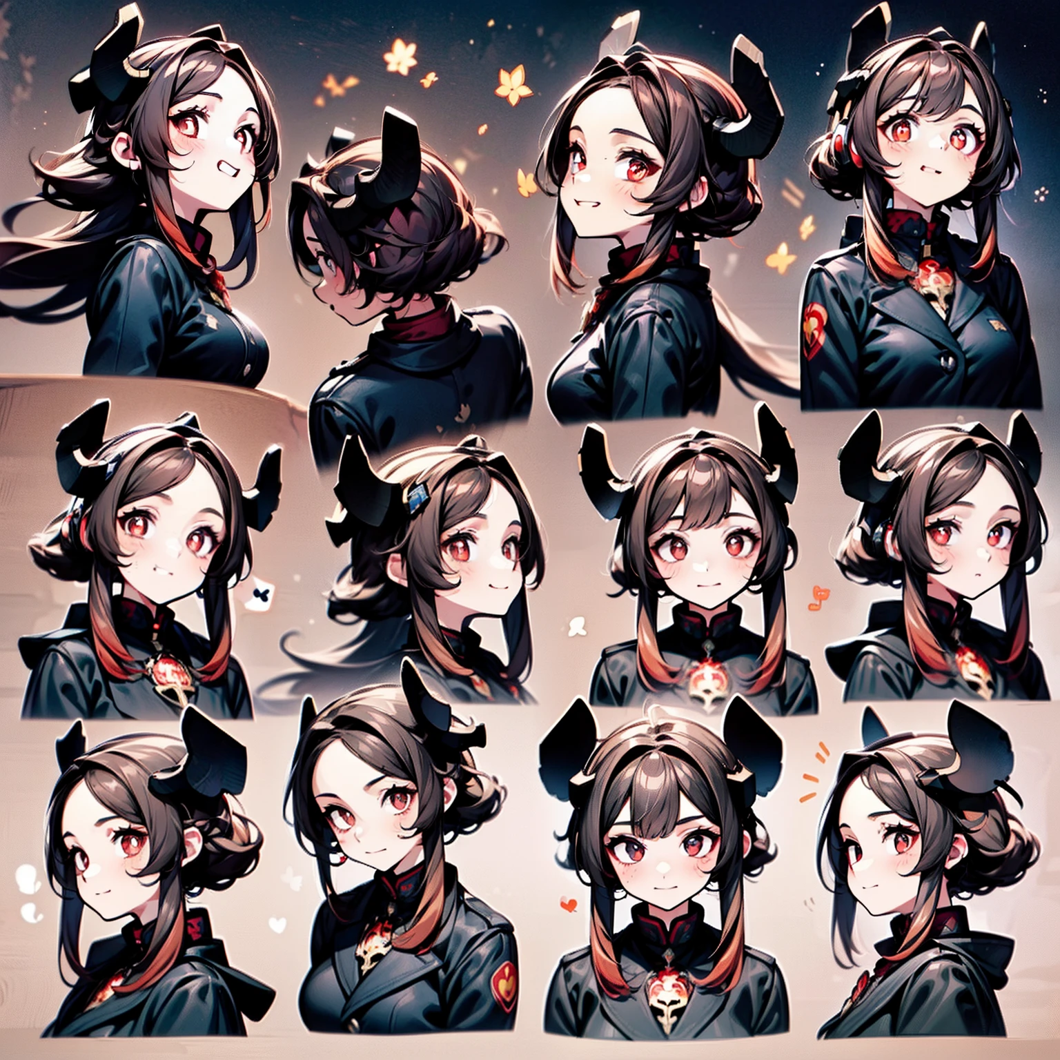 cute big breasts，Little Red Devil，Maverick horns，Black punk leather jacket，Chain lock，Emoji pack，9 emojis，emoji sheet of，Align arrangement，multiple postures and expressions（grieves，astonishment，having fun，exhilarated，big laughter，Touch your head，Sell moe, wait），Anthropomorphic style，Disney style，Black strokes，Different emotions，multiple postures and expressions，8K, keyboard, mouse, mouse pad, RGB LEDS, gamer room, headphones, headsets with microphone, gamer control