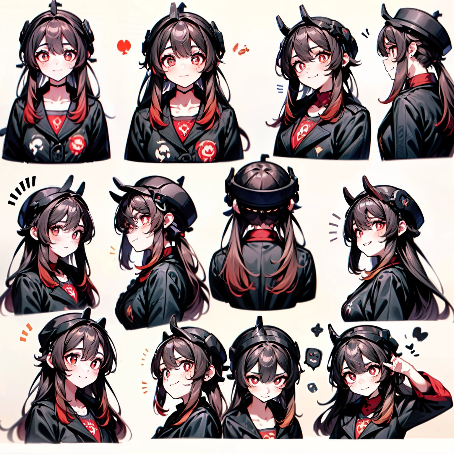 cute big breasts，Little Red Devil，Maverick horns，Black punk leather jacket，Chain lock，Emoji pack，9 emojis，emoji sheet of，Align arrangement，multiple postures and expressions（grieves，astonishment，having fun，exhilarated，big laughter，Touch your head，Sell moe, wait），Anthropomorphic style，Disney style，Black strokes，Different emotions，multiple postures and expressions，8K, keyboard, mouse, mouse pad, RGB LEDS, gamer room, headphones, headsets with microphone, gamer control