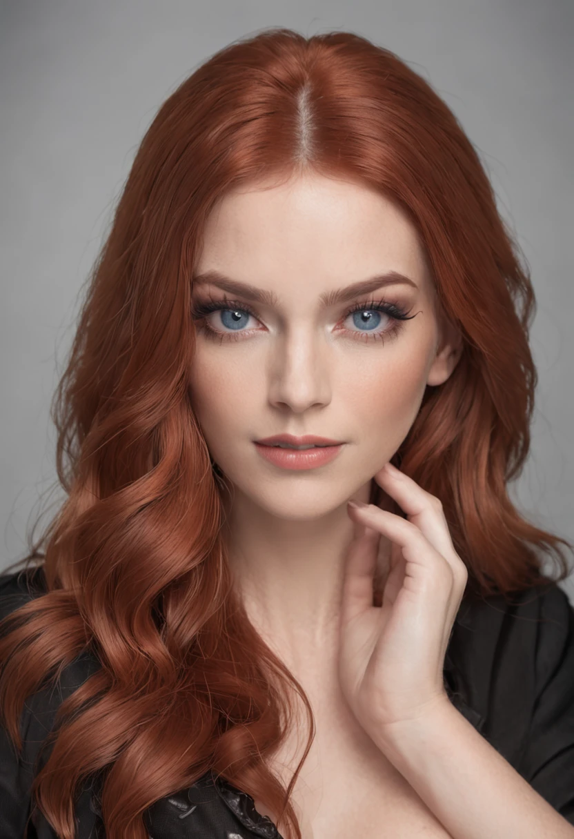 Make a realistic image of a red-haired woman with blue eyes in panties and black bra, bonita, com 30 anos de idade, magra, batom vermelho, olhos com delineador, corpo bonito, em um quarto, de corpo inteiro, de salto alto preto.