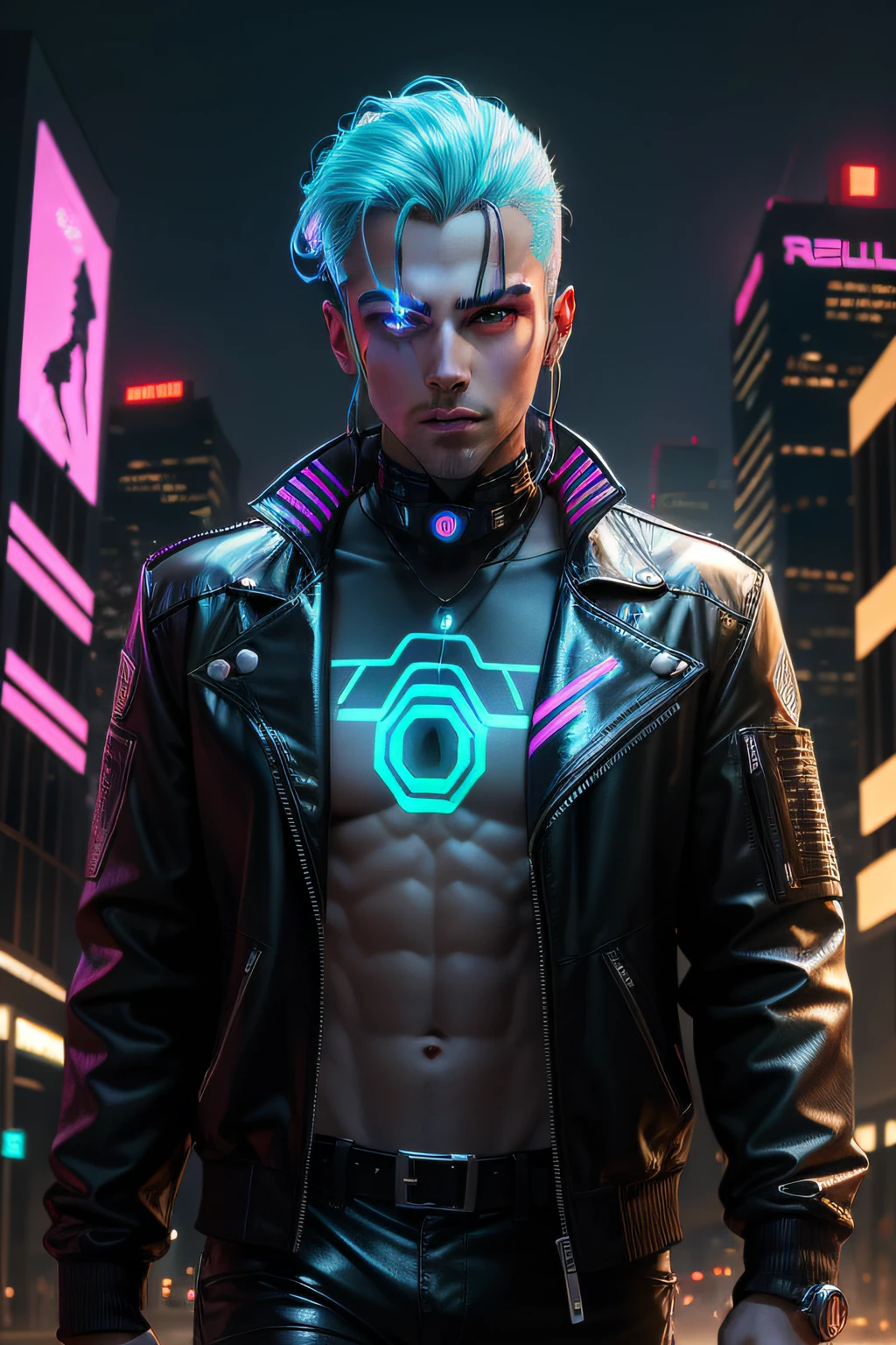 A man with gleaming cybernetic eyes and metallic jaw implants. Luminescent cables adorn your neck, connecting it to the digital network. A holographic tattoo dances on his cheek. Seu cabelo iridescente reflete as luzes neon da cidade. Usando uma jaqueta de couro com luzes LED na gola, It contemplates an urban landscape of sandy skyscrapers and holographic billboards, Incorporating the rebellious aesthetic of cyberpunk.