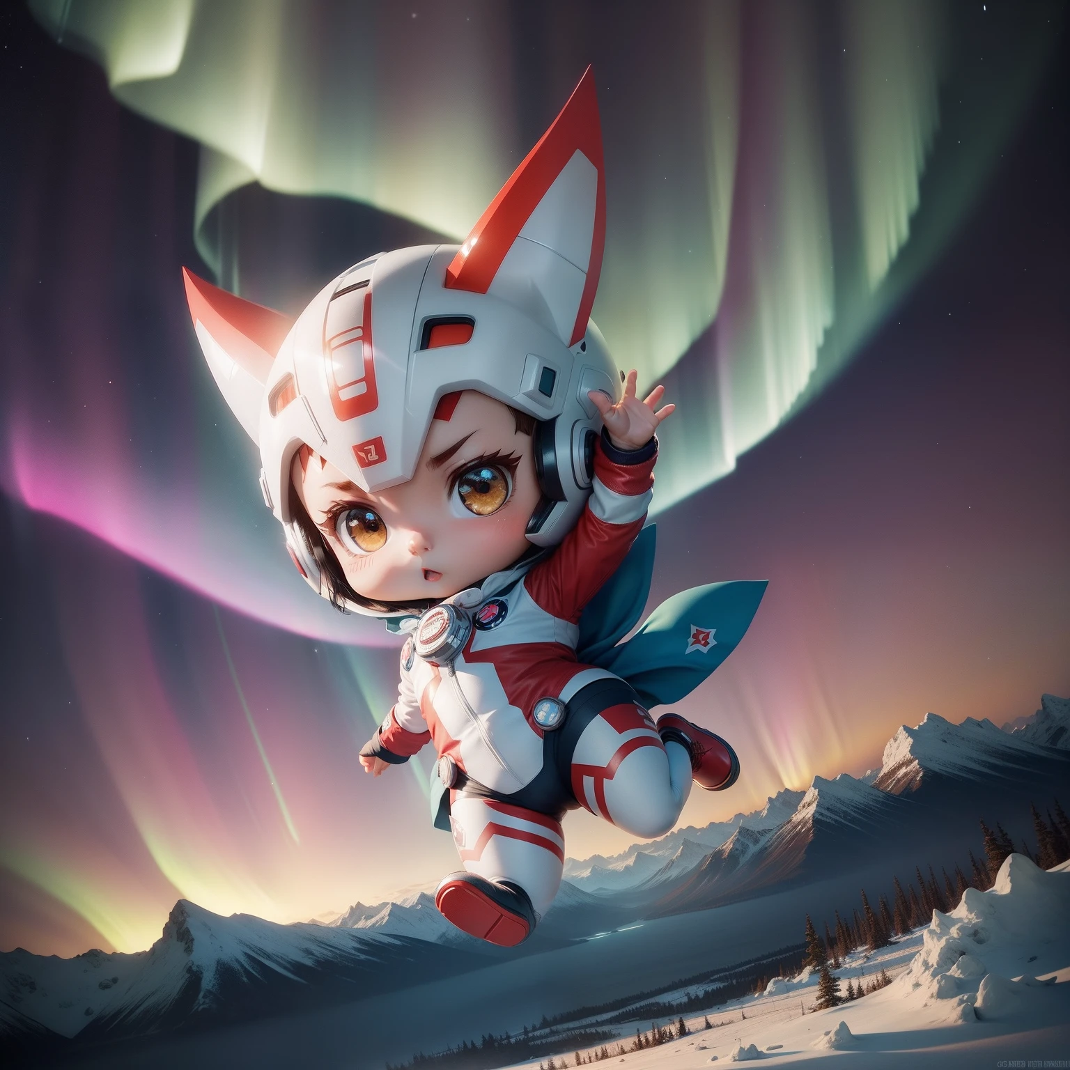Cute chibi anime wearing Ultraman suit, Aurora Borealis in Canadian Yellowknife,fullllbody,Highkick