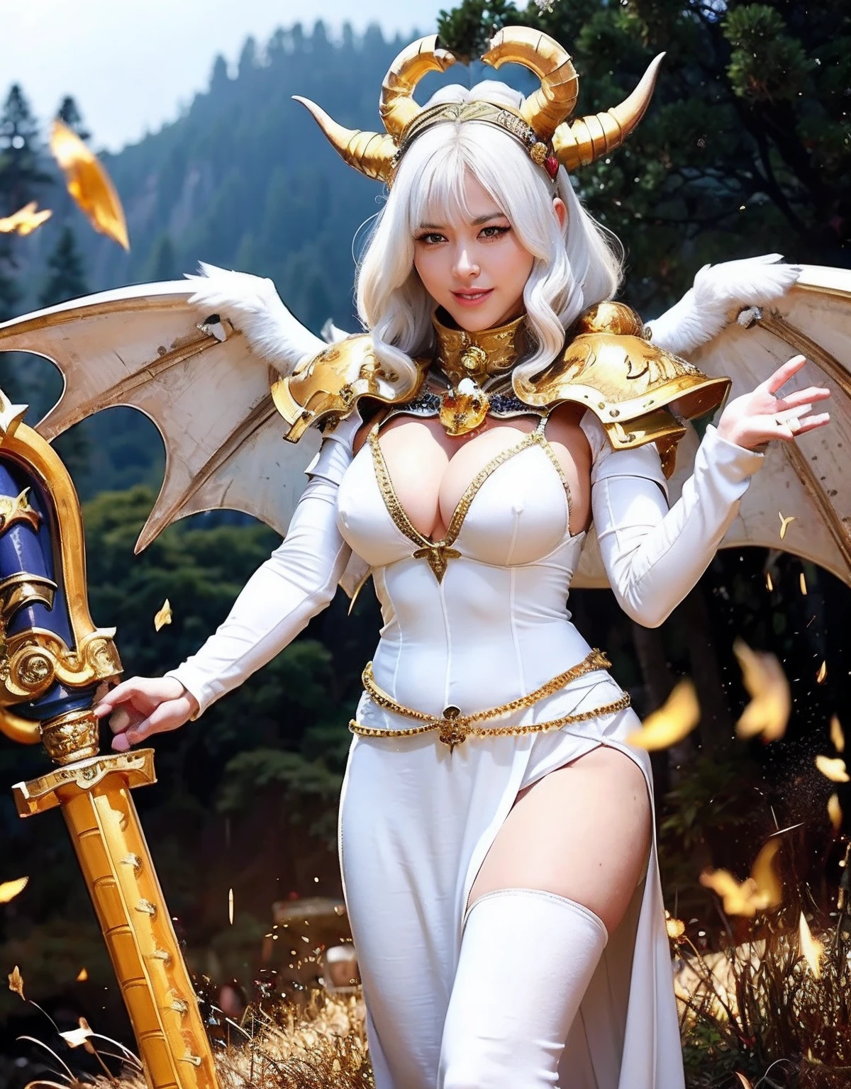 Professional , ​masterpiece、top-quality、photos realistic , depth of fields 、Idle Smile、（White Gemstone Body:1.９),(Matte white with gold pattern、（cleavage of the breast）、Jewel Gold Weapon、Particles of light、Gemstone Body White:1.４),Gorgeous gold weapons ,（（ Dragon dense and gorgeous dragon sword）） , （demonic wings）   ,warhammer 40k 、（（White hair））、（Castle background）、（demonic wings）、（（Gangle's forest background））、Beautiful Caucasian beauty、１a person、dynamic ungle,(((Two devil's horns on the head)))、Smaller head、Idle Smile、Thin and beautiful female hands、cleavage of the breast、Mystical expression、Light Effects、intense fighting、Wind-effect、magic circles、With the legendary magic wand、Dragon's tail、