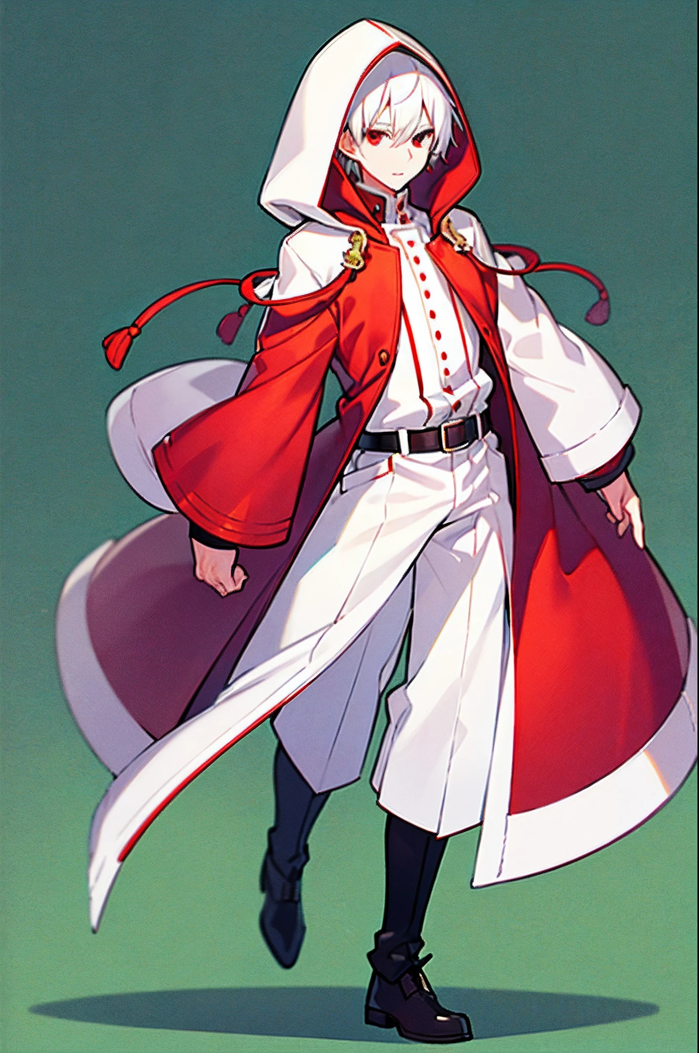 short white-hair、red eyes、30's man、top-quality、Looking at the camera、Full body shot、Green background、(arms at the sides)、(erect through)、parka、Hooded clothing、Front view、simple background、concept-art