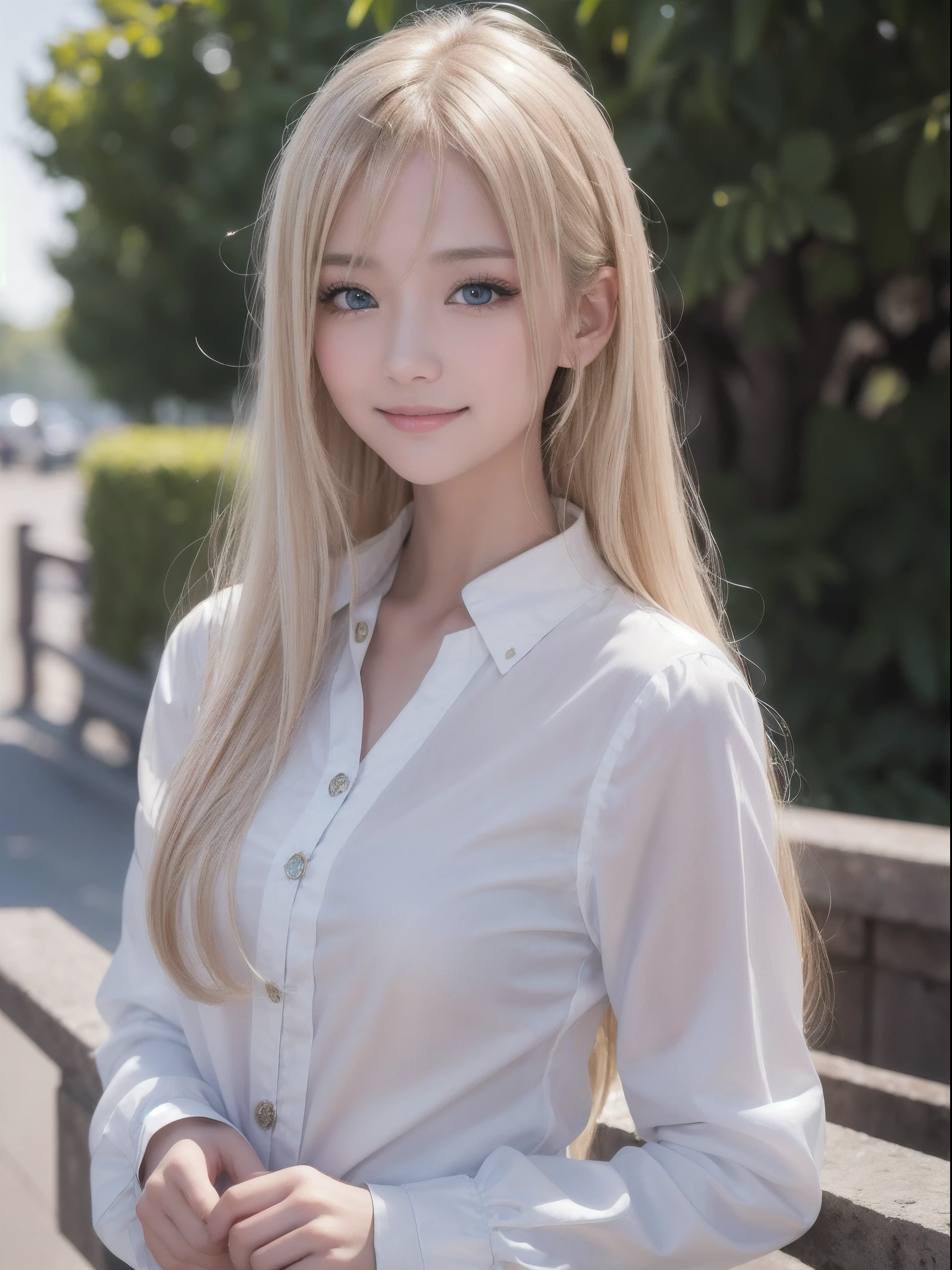 A smile、Raw photography、(((Portrait of extreme beauty)))、((glistning skin))、女の子1人、 beautiful girl in Prague、bright expression、((platinum-blonde-hair))、[Big blue eyes that shine like jewels]、Glossy glossy skin、Silky long straight hair、eye liner、Beautiful bangs、Hair between the eyes、(Long sleeve cutter shirt:1.4)、((​masterpiece、top-quality、ultra-detailliert、Film Light、intricate-detail、hight resolution、ighly detailed))、细致背景、8KUHD、Digital SLR、Soft light、hightquality、Film grain、FujifilmXT3 、Shallow depth of field、natural soft light、Kamimei、（small tits:1.4)