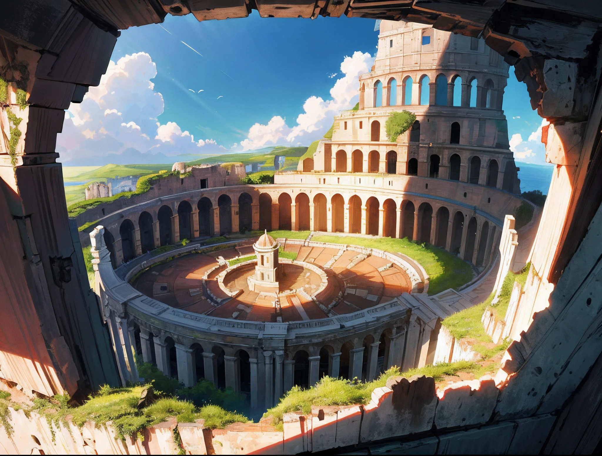 (best quality, masterpiece)  extreme wide shot of a colosseum on top of  a floating island in the sky, surrounded by small floating islands, crystals, morning sun, clouds, light rays, castle walls