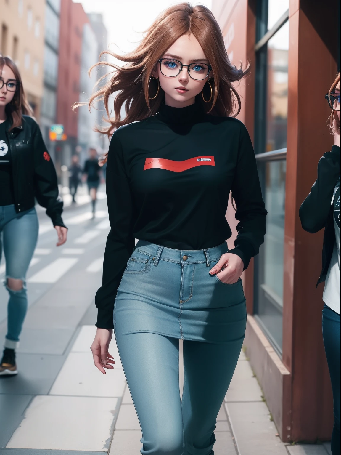 Girl, long brown hair, blue eyes, wearing Circular earrings, Black medical glasses, wearing black t-shirt with jeans jacket, Jeans short skirt, city, walking, looking at viewer