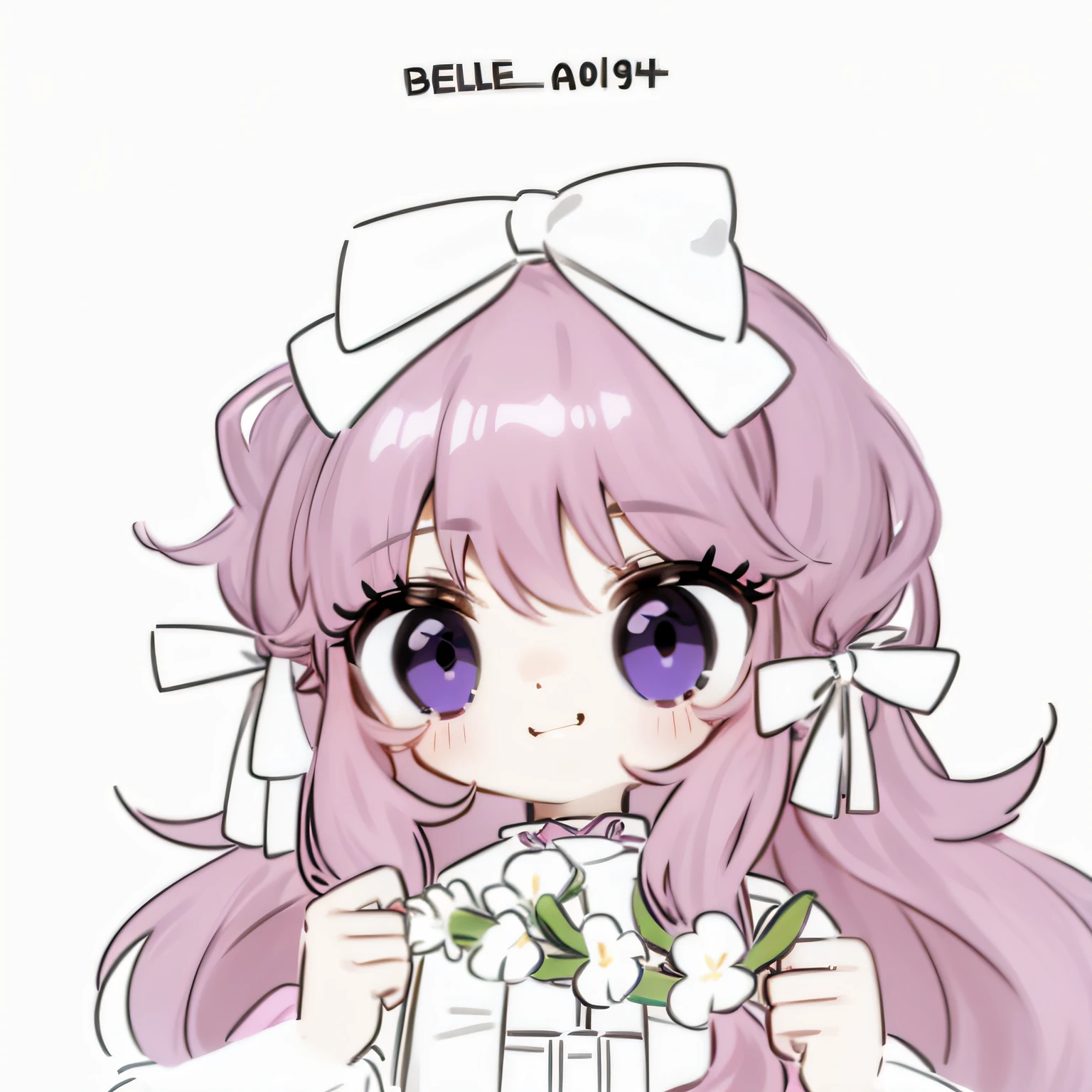 A pink-haired，Purple eye，white bows，flower ring，ssmile，adolable，